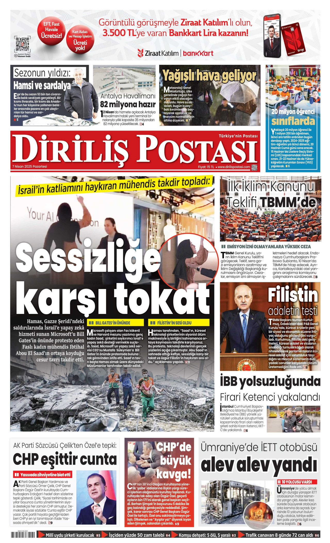 DİRİLİŞ POSTASI gazetesinin 7 Nisan 2025 tarihli birinci sayfası