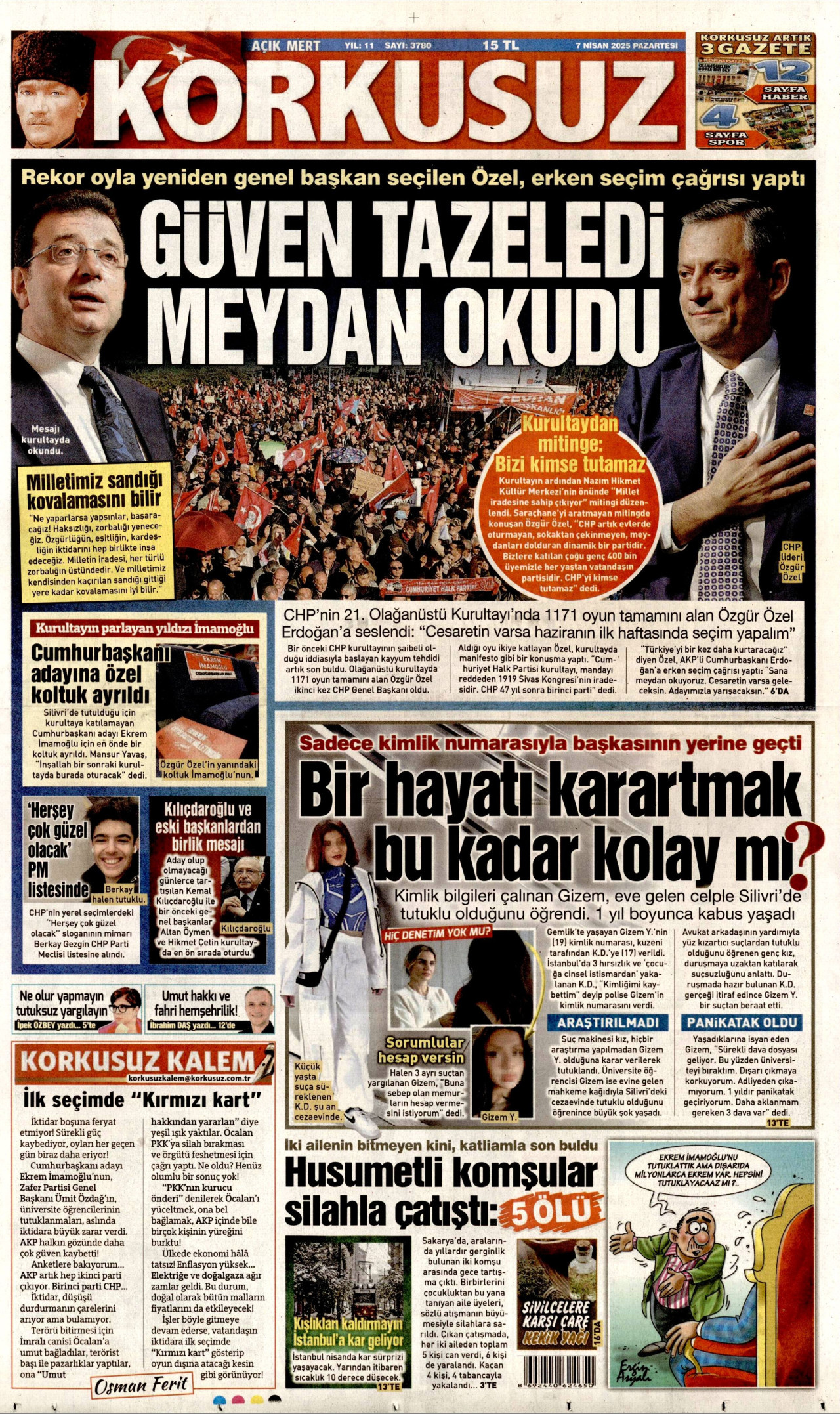 KORKUSUZ gazetesinin 7 Nisan 2025 tarihli birinci sayfası