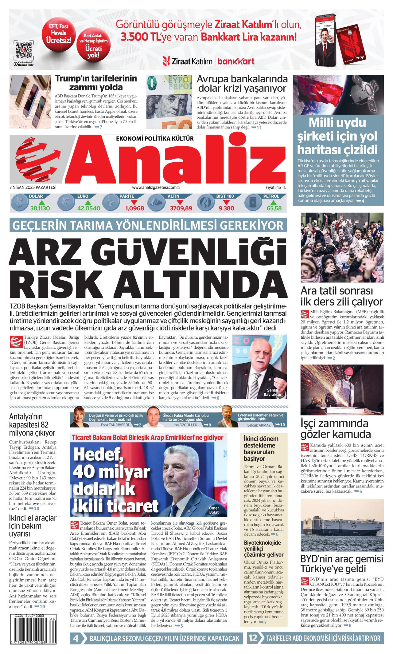 ANALİZ gazetesinin 7 Nisan 2025 tarihli birinci sayfası