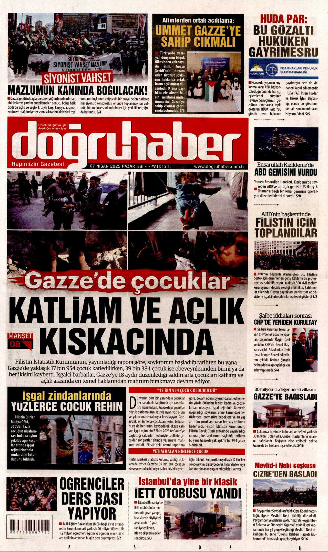 DOĞRU HABER gazetesinin 7 Nisan 2025 tarihli birinci sayfası