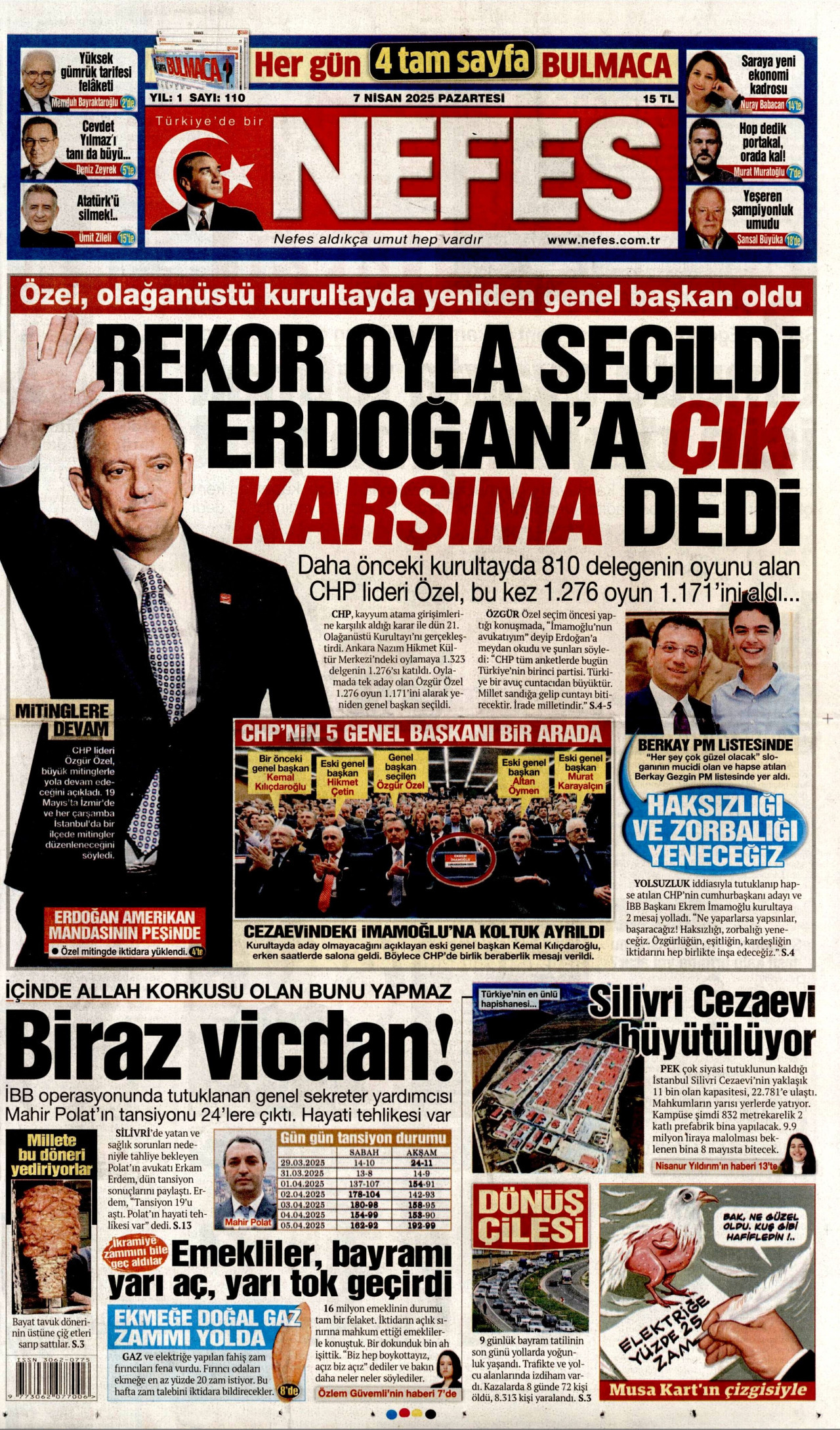 NEFES gazetesinin 7 Nisan 2025 tarihli birinci sayfası