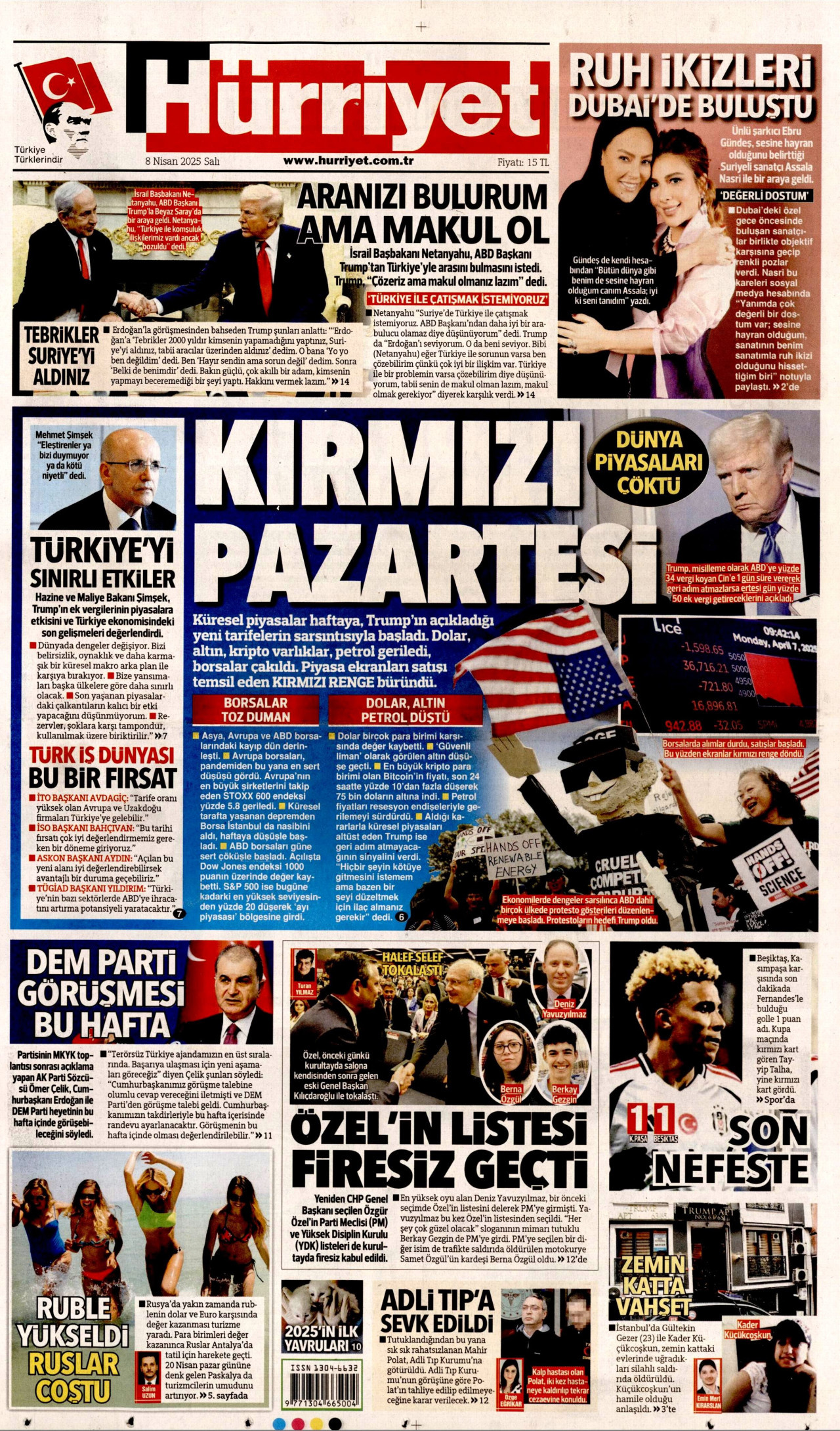 HÜRRİYET gazetesinin 8 Nisan 2025 tarihli birinci sayfası