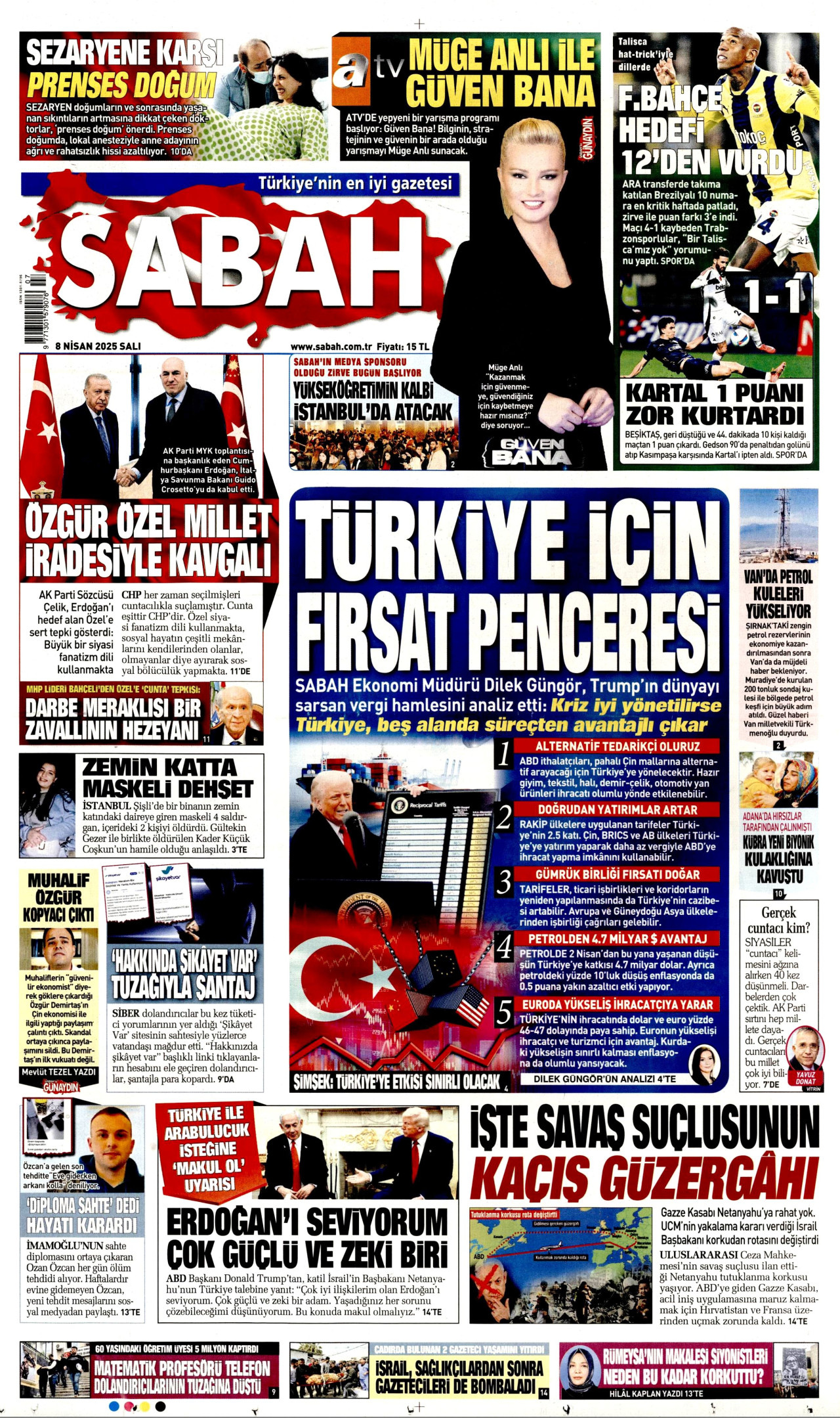 SABAH gazetesinin 8 Nisan 2025 tarihli birinci sayfası