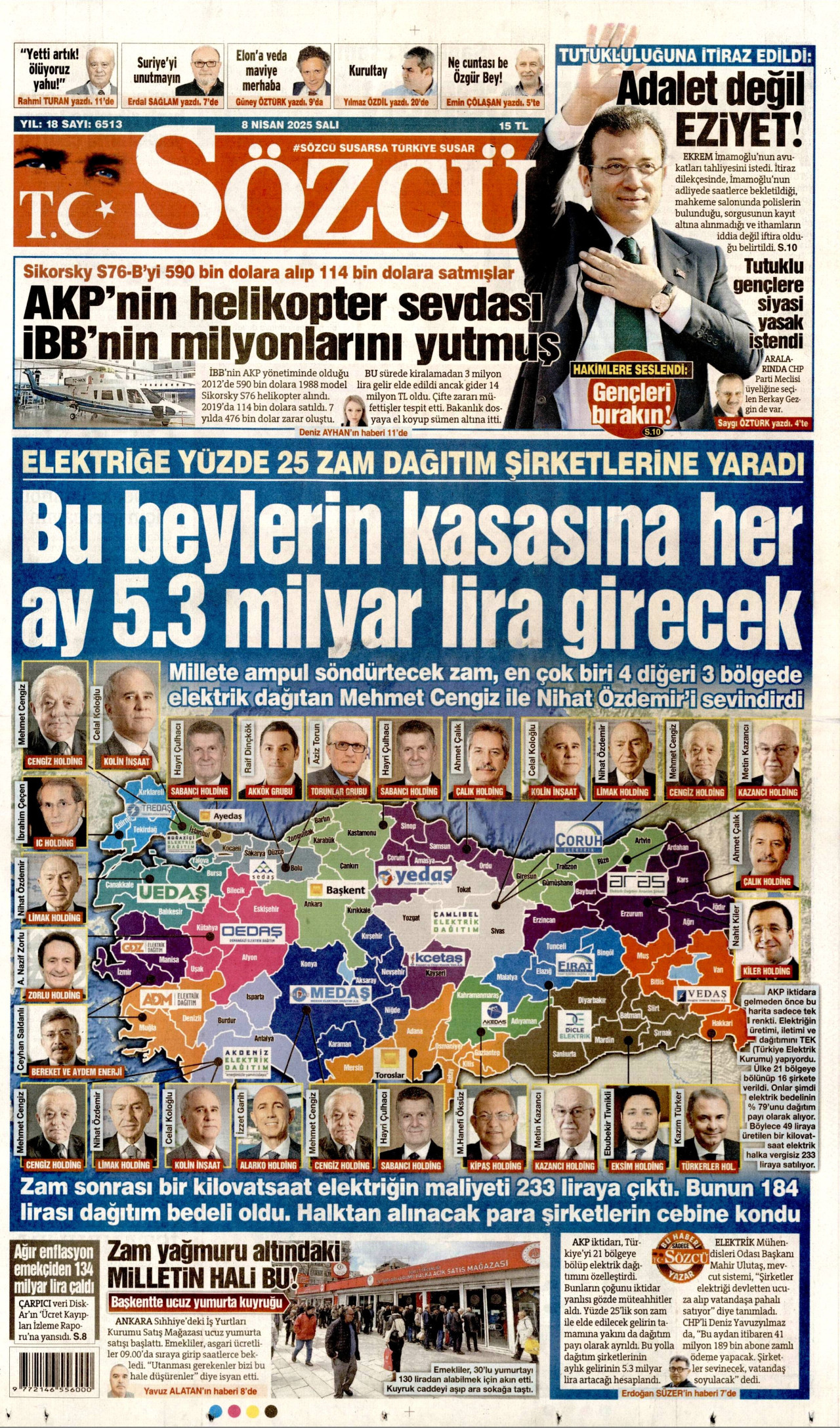 SÖZCÜ gazetesinin 8 Nisan 2025 tarihli birinci sayfası