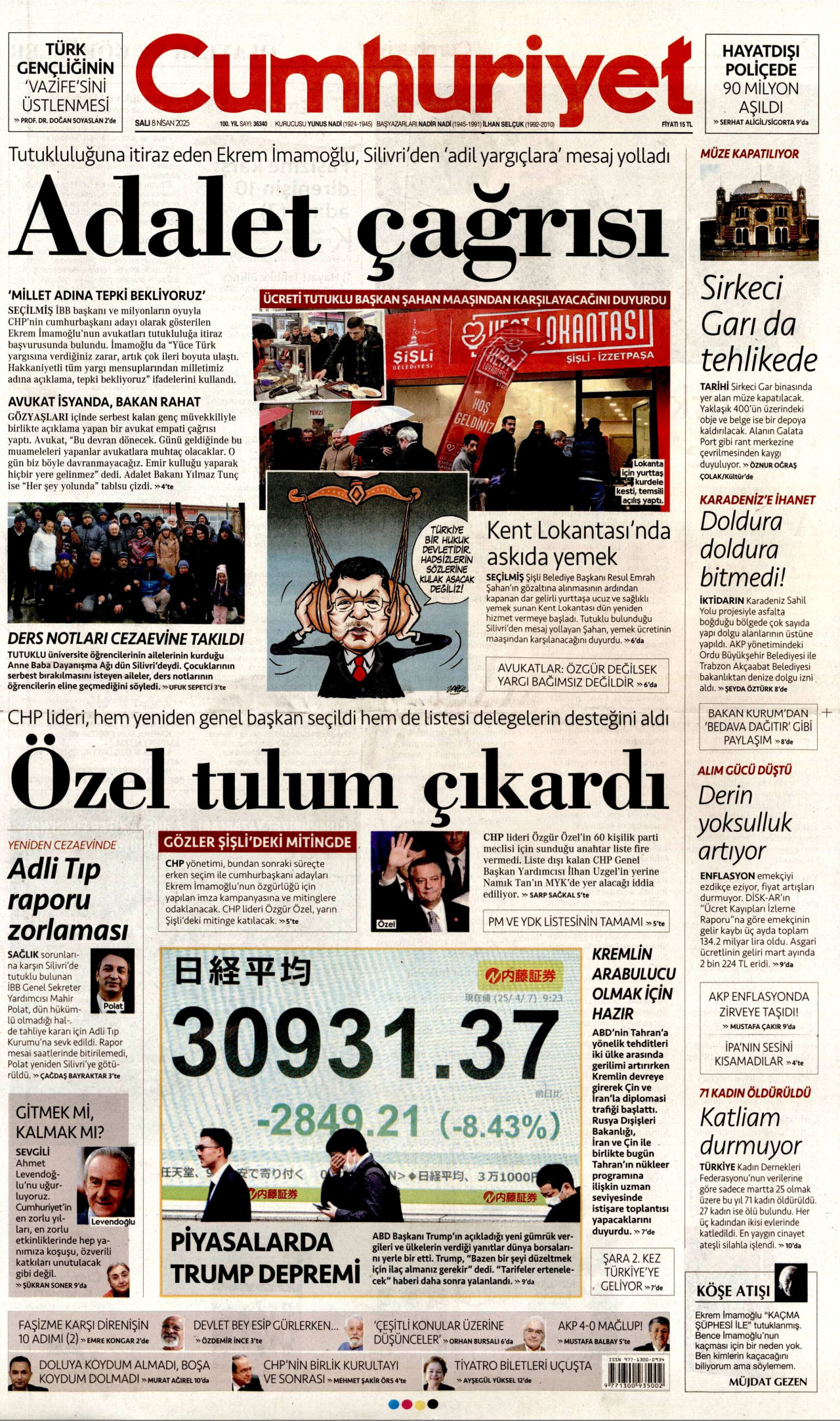 CUMHURİYET gazetesinin 8 Nisan 2025 tarihli birinci sayfası