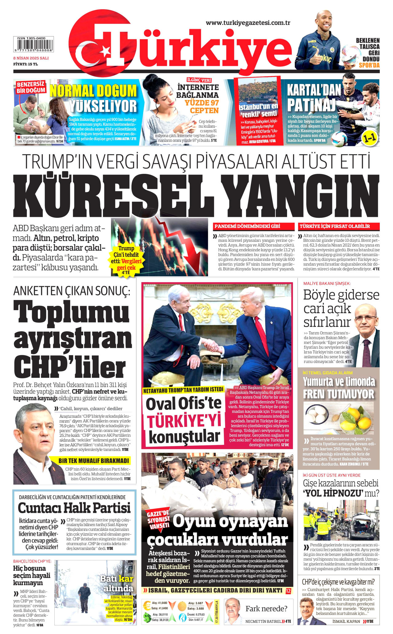 TÜRKİYE GAZETESİ gazetesinin 8 Nisan 2025 tarihli birinci sayfası