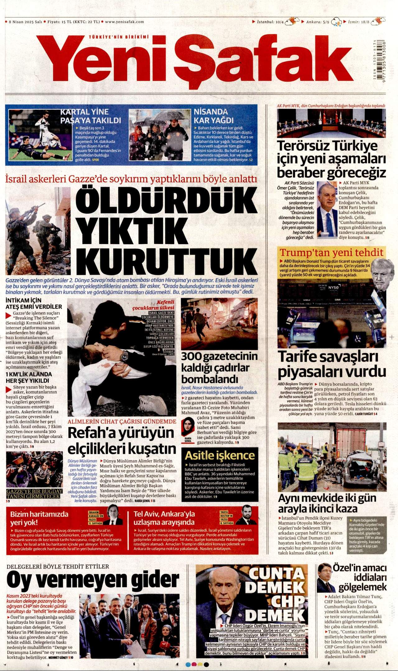 YENİ ŞAFAK gazetesinin 8 Nisan 2025 tarihli birinci sayfası