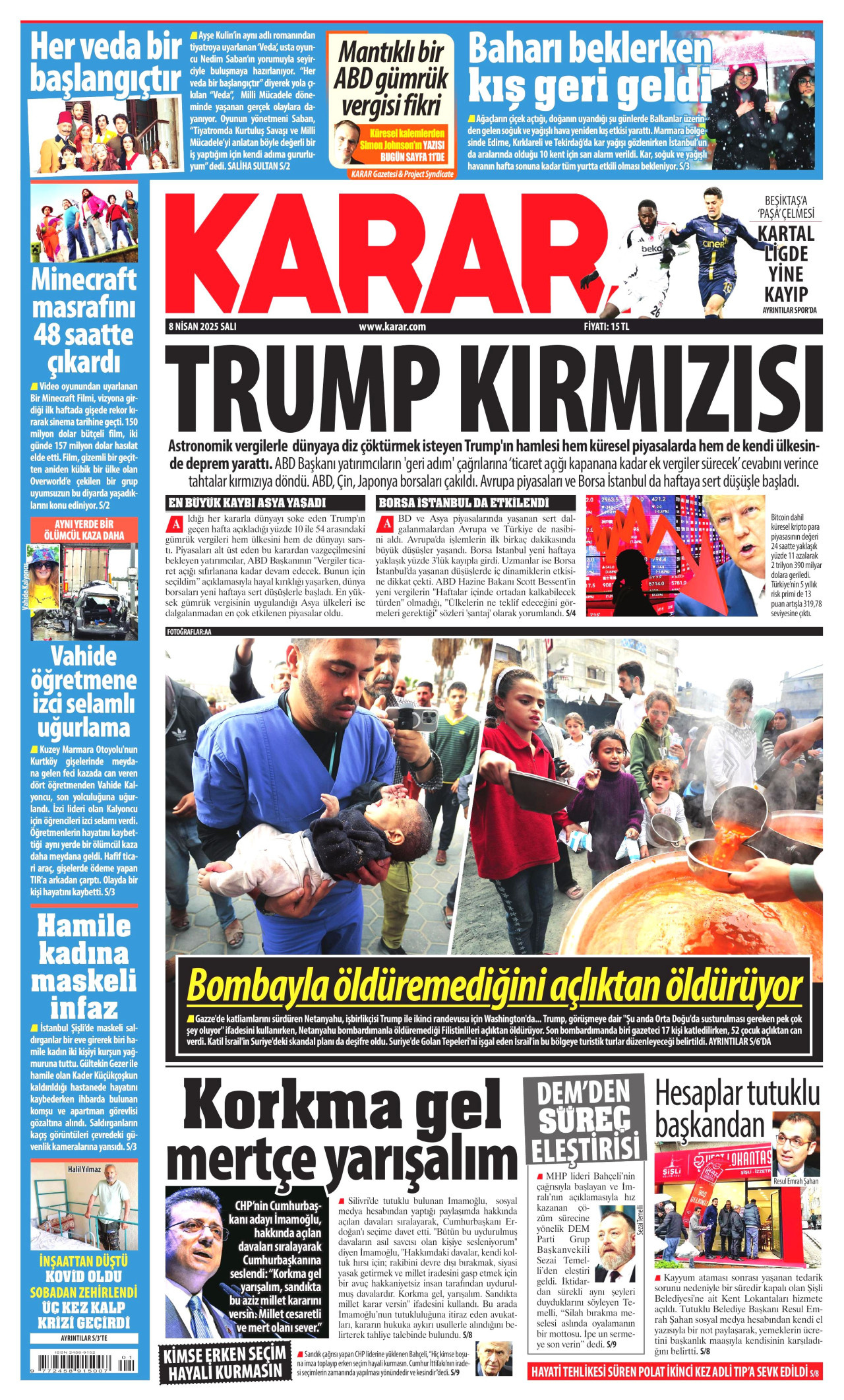 KARAR gazetesinin 8 Nisan 2025 tarihli birinci sayfası