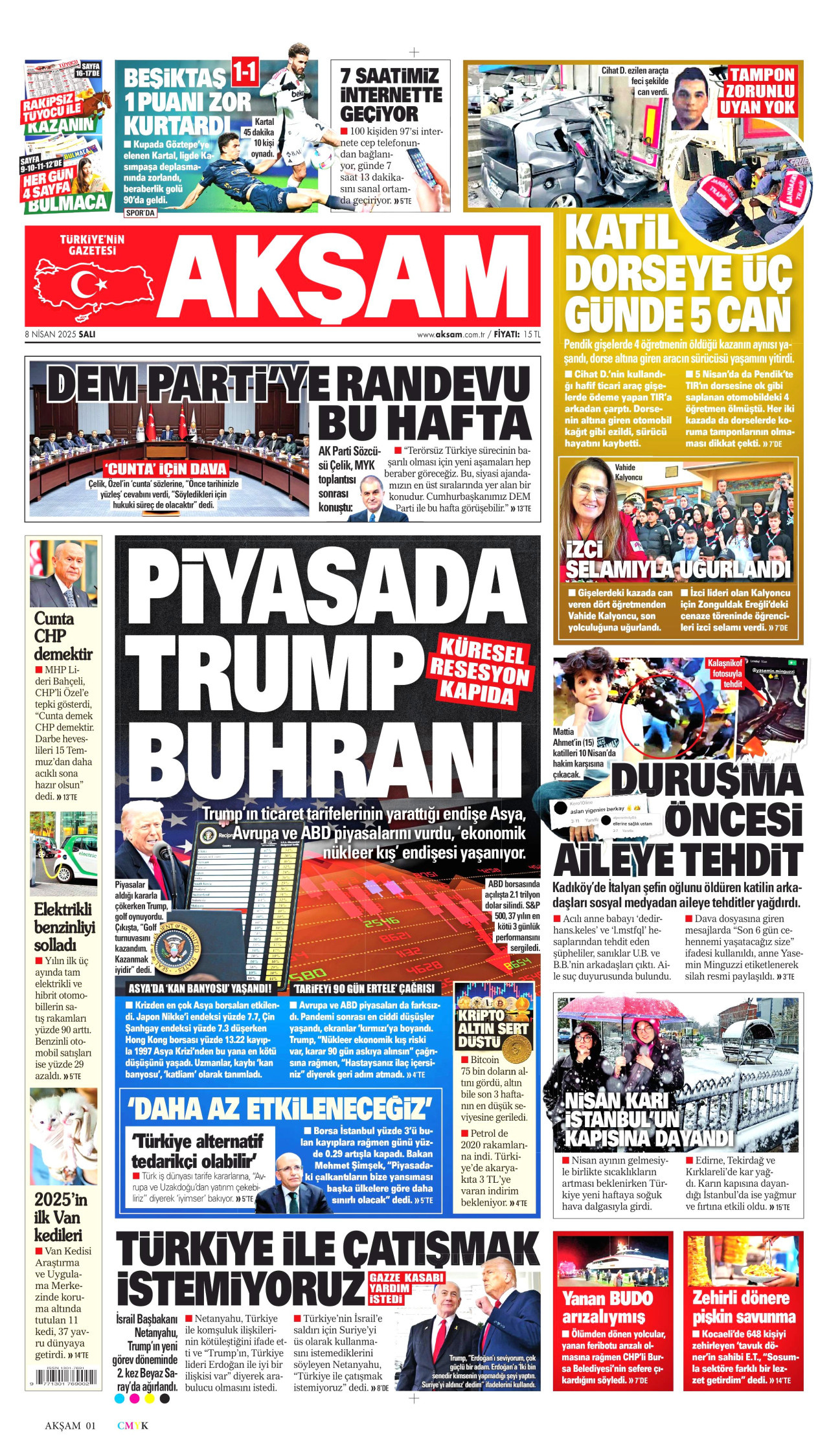AKŞAM gazetesinin 8 Nisan 2025 tarihli birinci sayfası