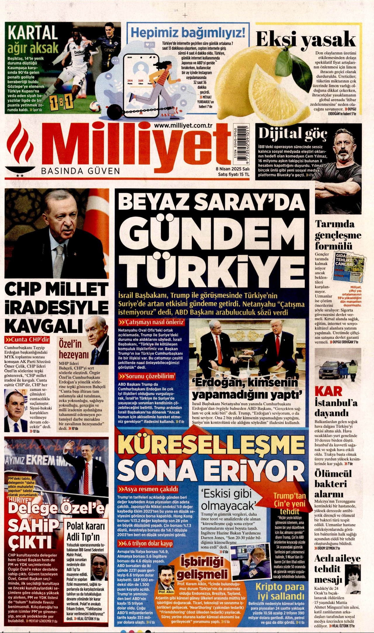 MİLLİYET gazetesinin 8 Nisan 2025 tarihli birinci sayfası