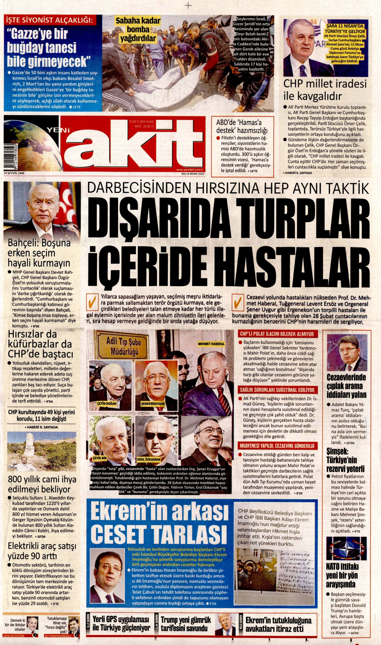 YENİ AKİT gazetesinin 8 Nisan 2025 tarihli birinci sayfası