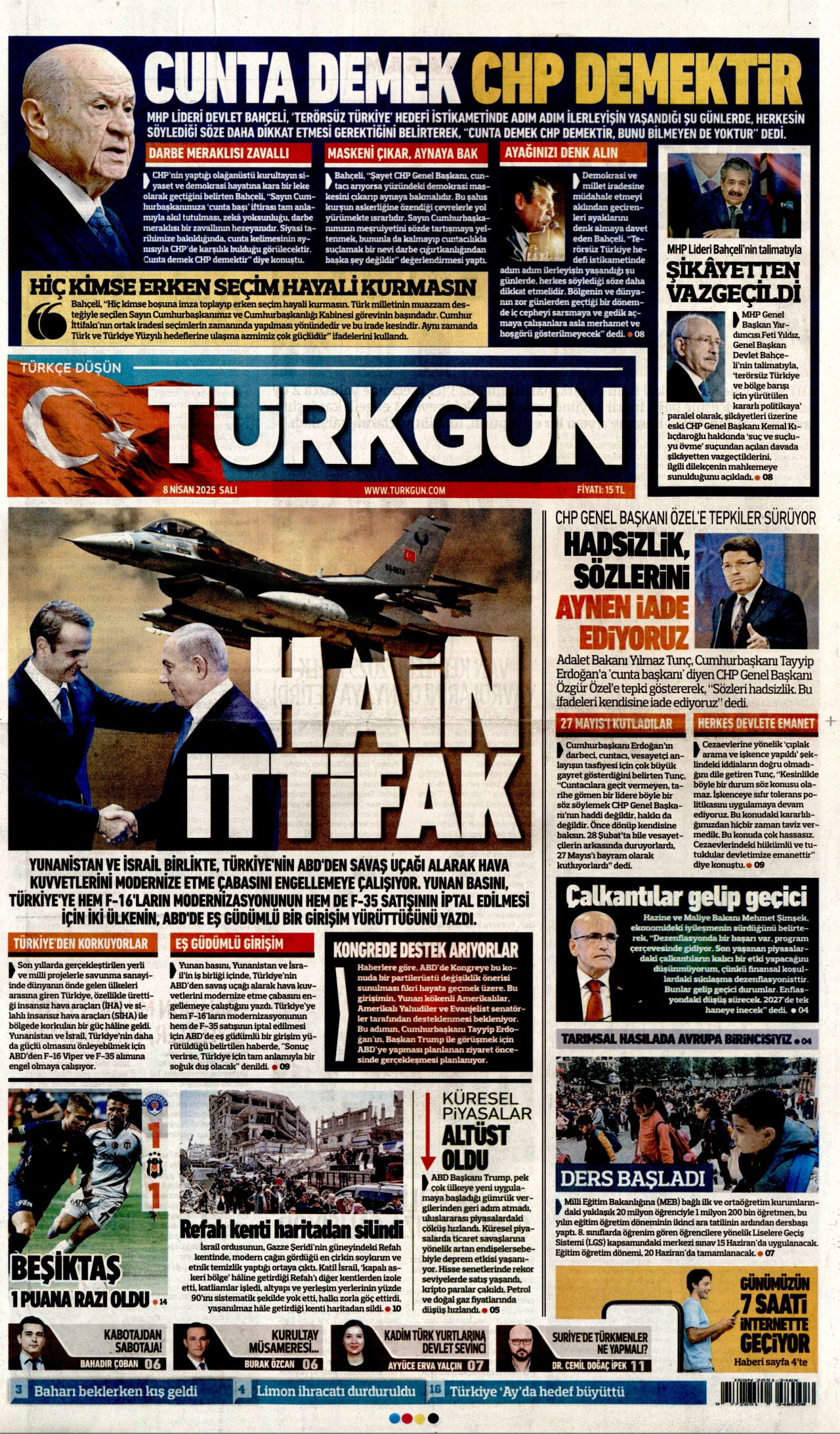 TÜRKGÜN gazetesinin 8 Nisan 2025 tarihli birinci sayfası