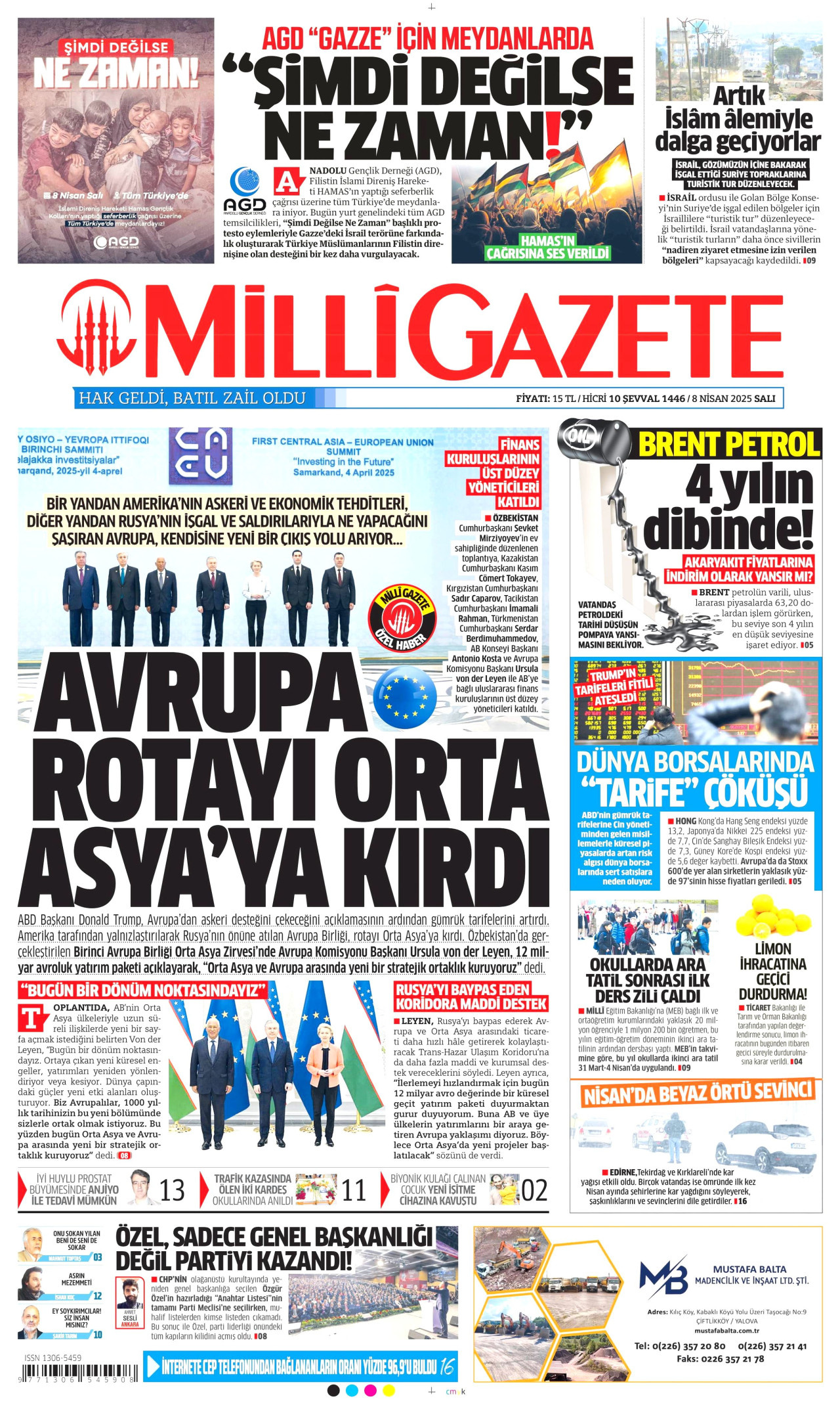 MİLLİ GAZETE gazetesinin 8 Nisan 2025 tarihli birinci sayfası