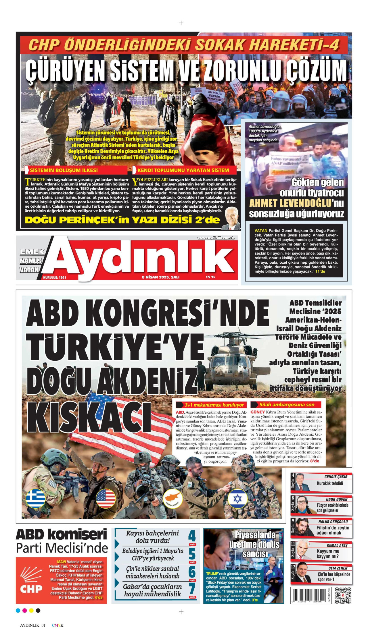 AYDINLIK GAZETESİ gazetesinin 8 Nisan 2025 tarihli birinci sayfası