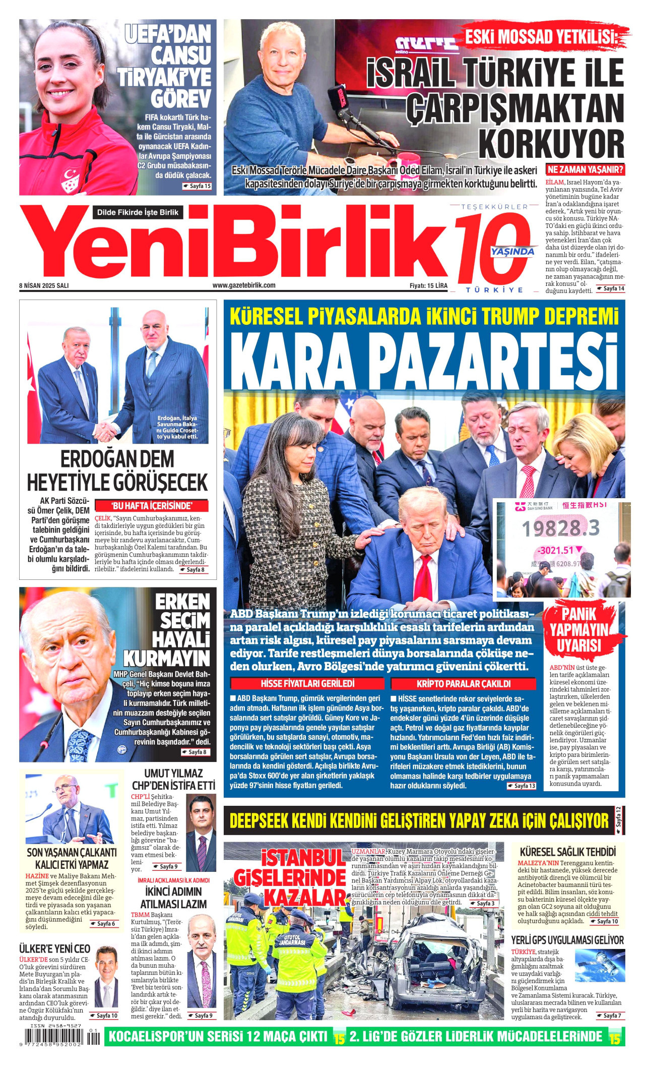 YENİBİRLİK gazetesinin 8 Nisan 2025 tarihli birinci sayfası