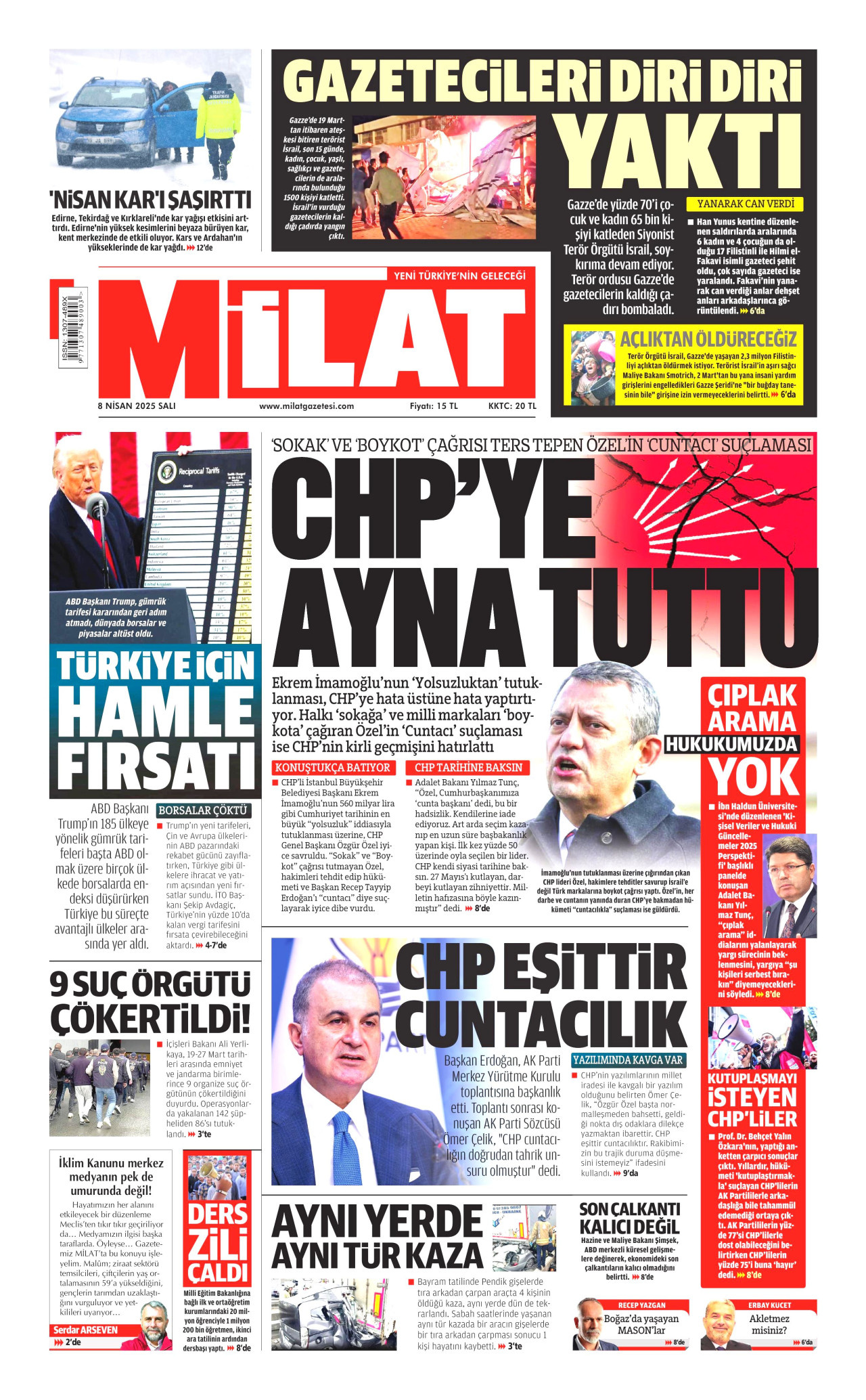 MİLAT gazetesinin 8 Nisan 2025 tarihli birinci sayfası