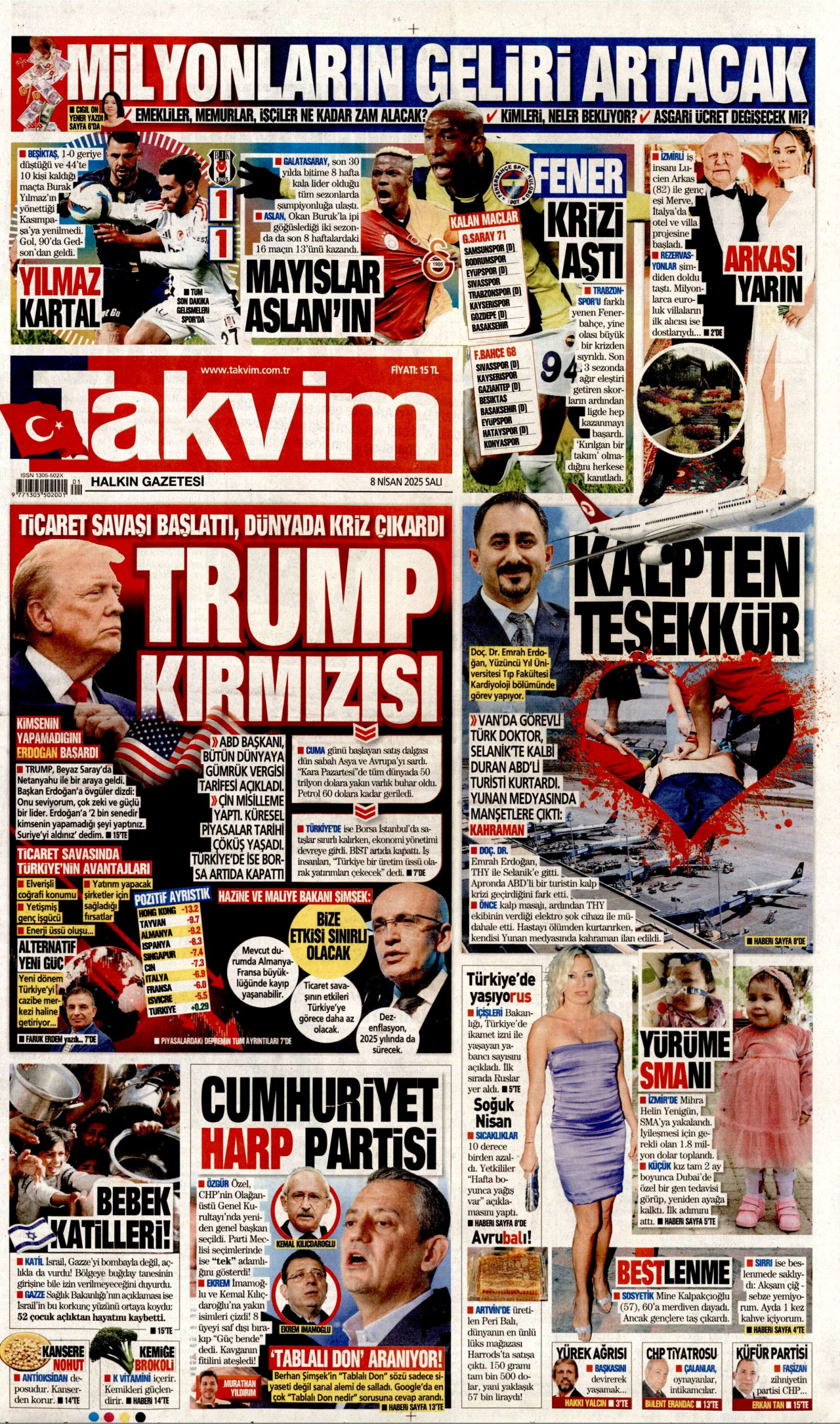 TAKVİM gazetesinin 8 Nisan 2025 tarihli birinci sayfası