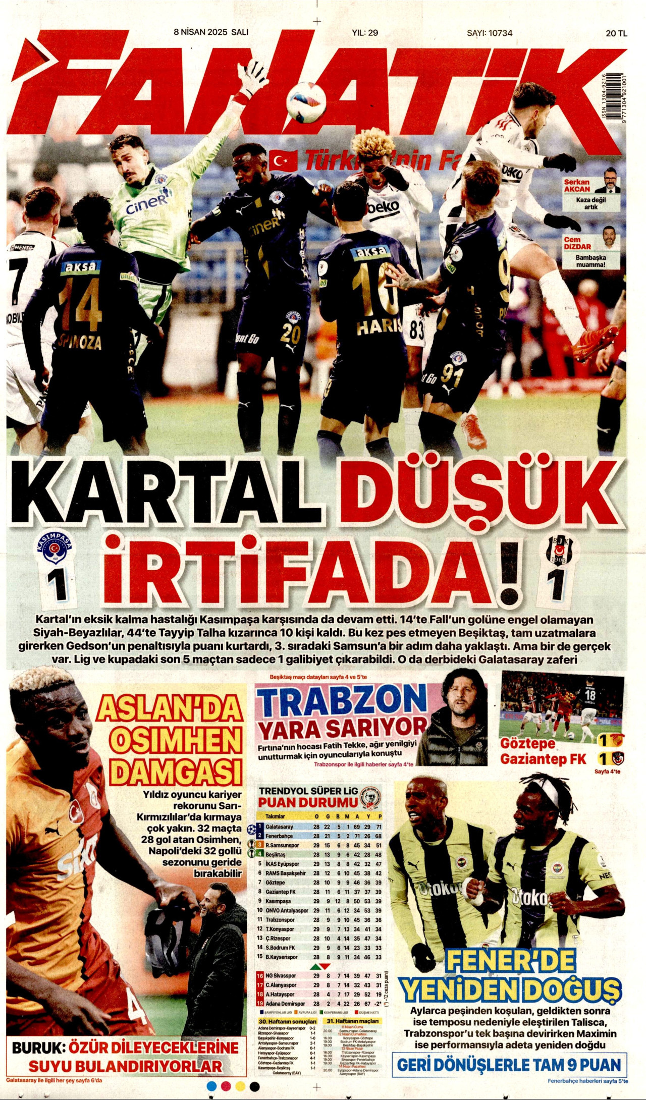 FANATİK gazetesinin 8 Nisan 2025 tarihli birinci sayfası