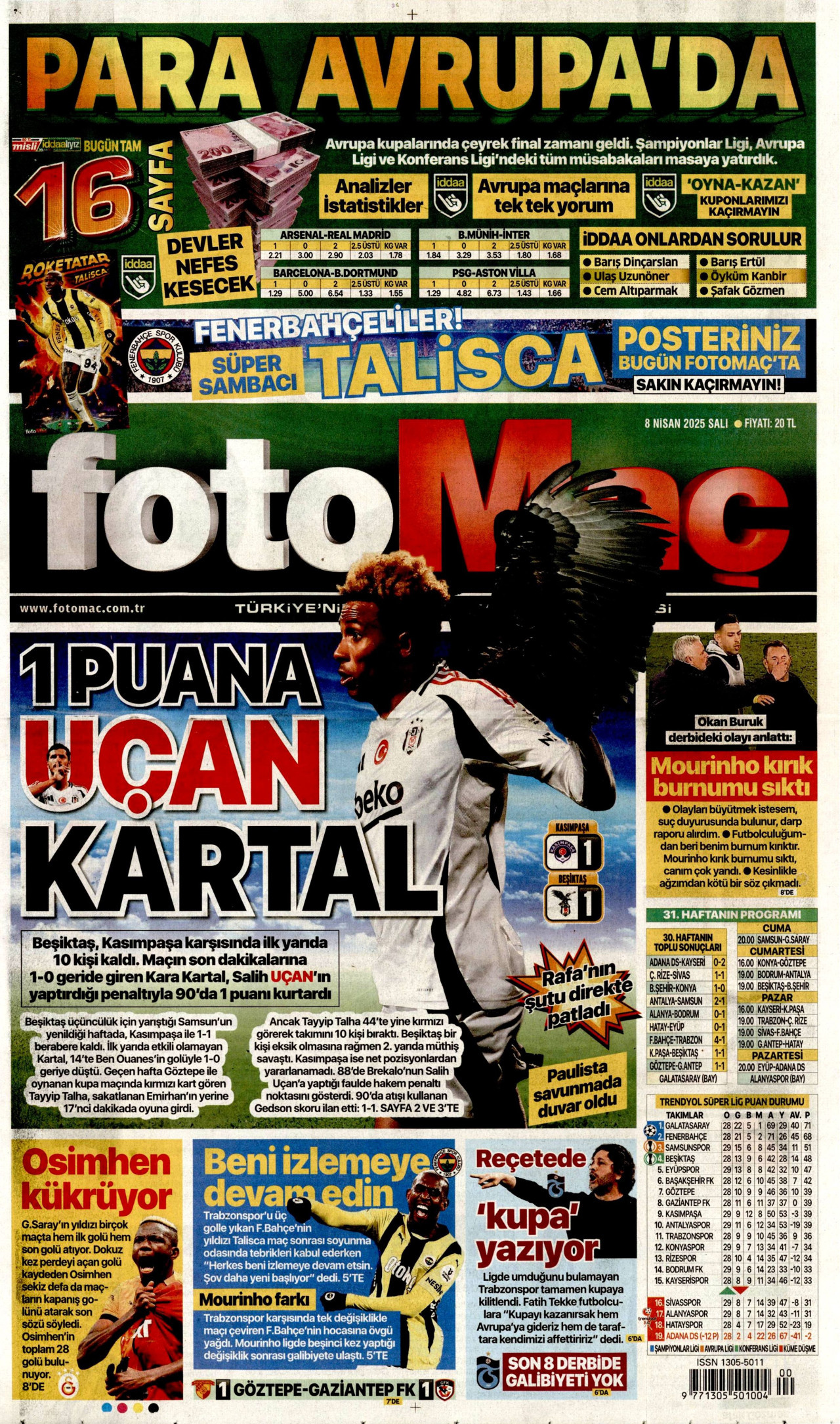 FOTOMAÇ gazetesinin 8 Nisan 2025 tarihli birinci sayfası