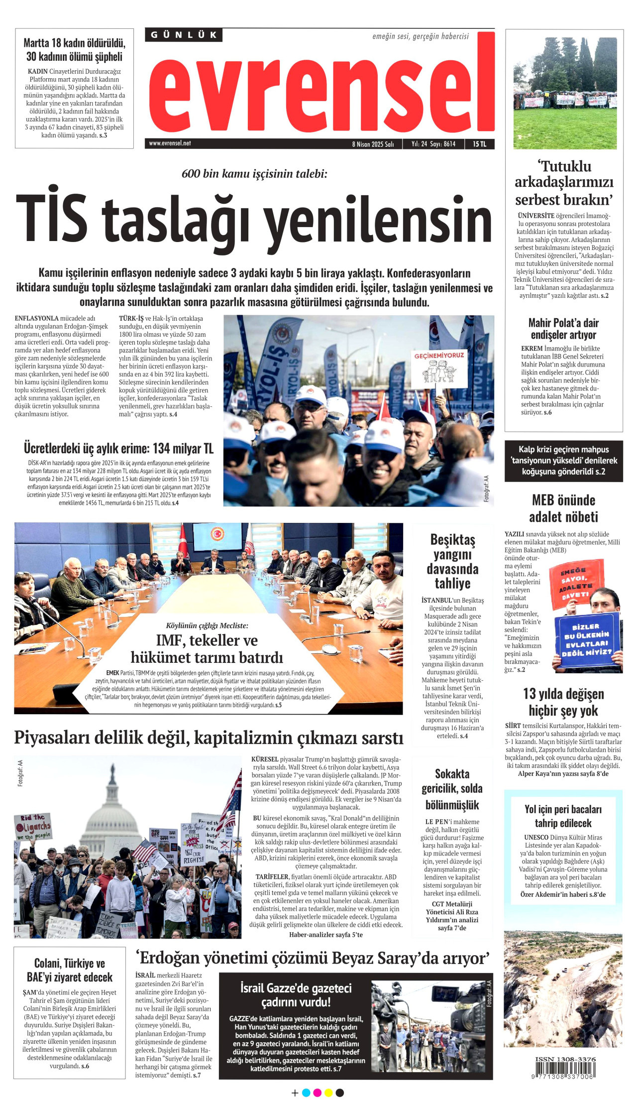 EVRENSEL gazetesinin 8 Nisan 2025 tarihli birinci sayfası