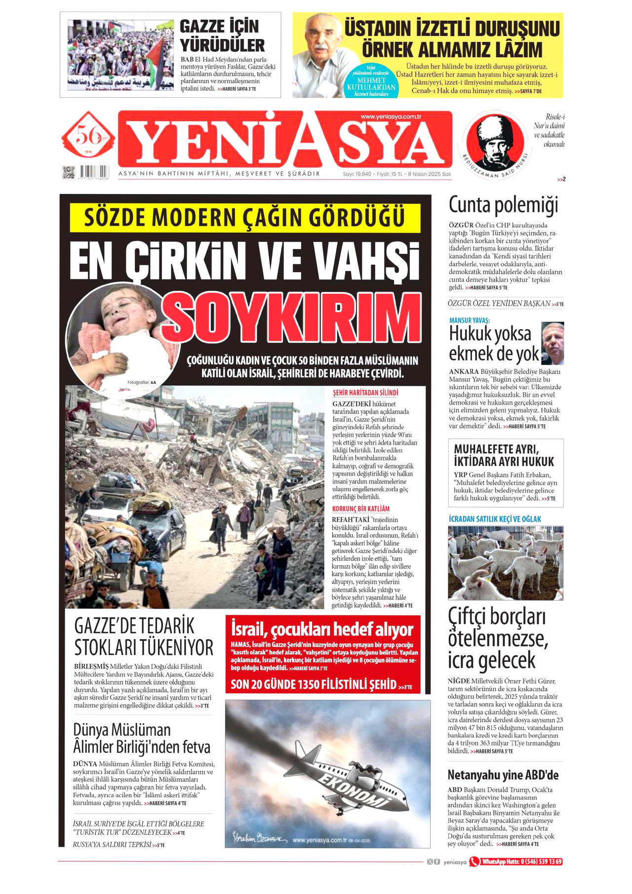 YENİ ASYA gazetesinin 8 Nisan 2025 tarihli birinci sayfası