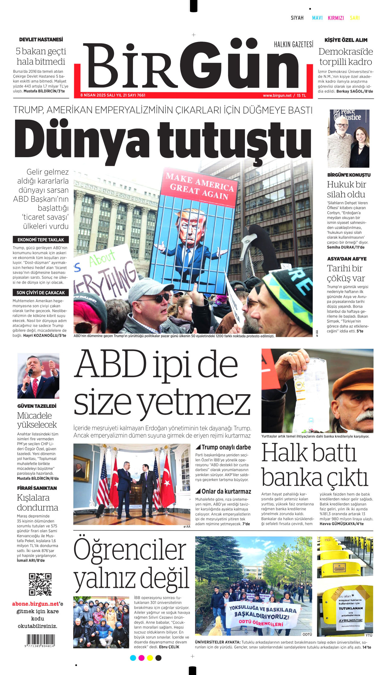 BİRGÜN gazetesinin 8 Nisan 2025 tarihli birinci sayfası