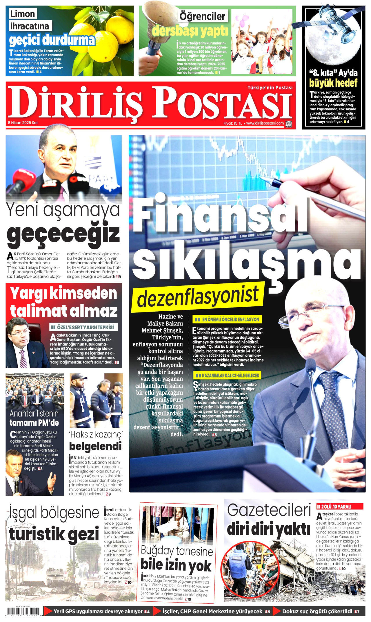 DİRİLİŞ POSTASI gazetesinin 8 Nisan 2025 tarihli birinci sayfası