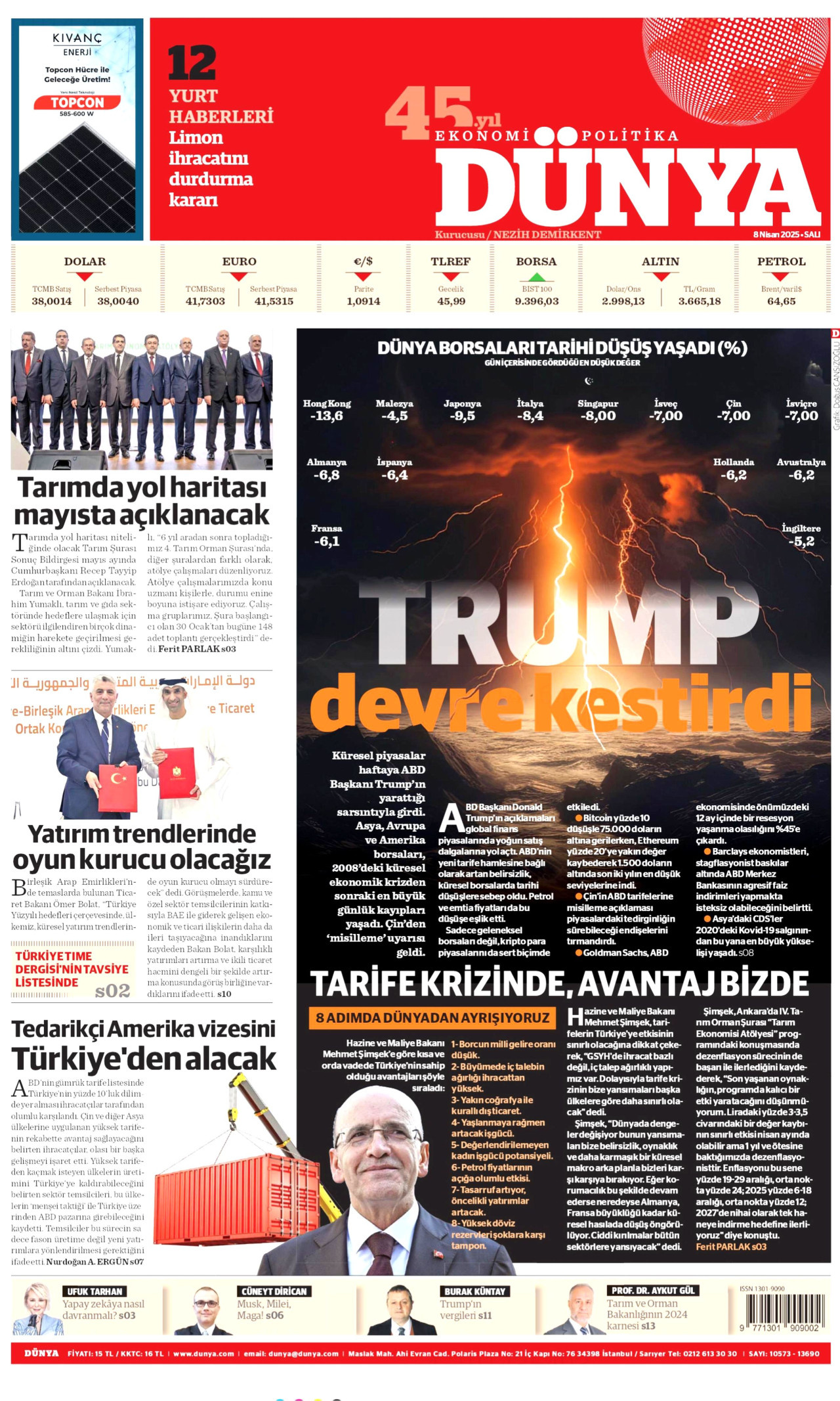 DÜNYA gazetesinin 8 Nisan 2025 tarihli birinci sayfası