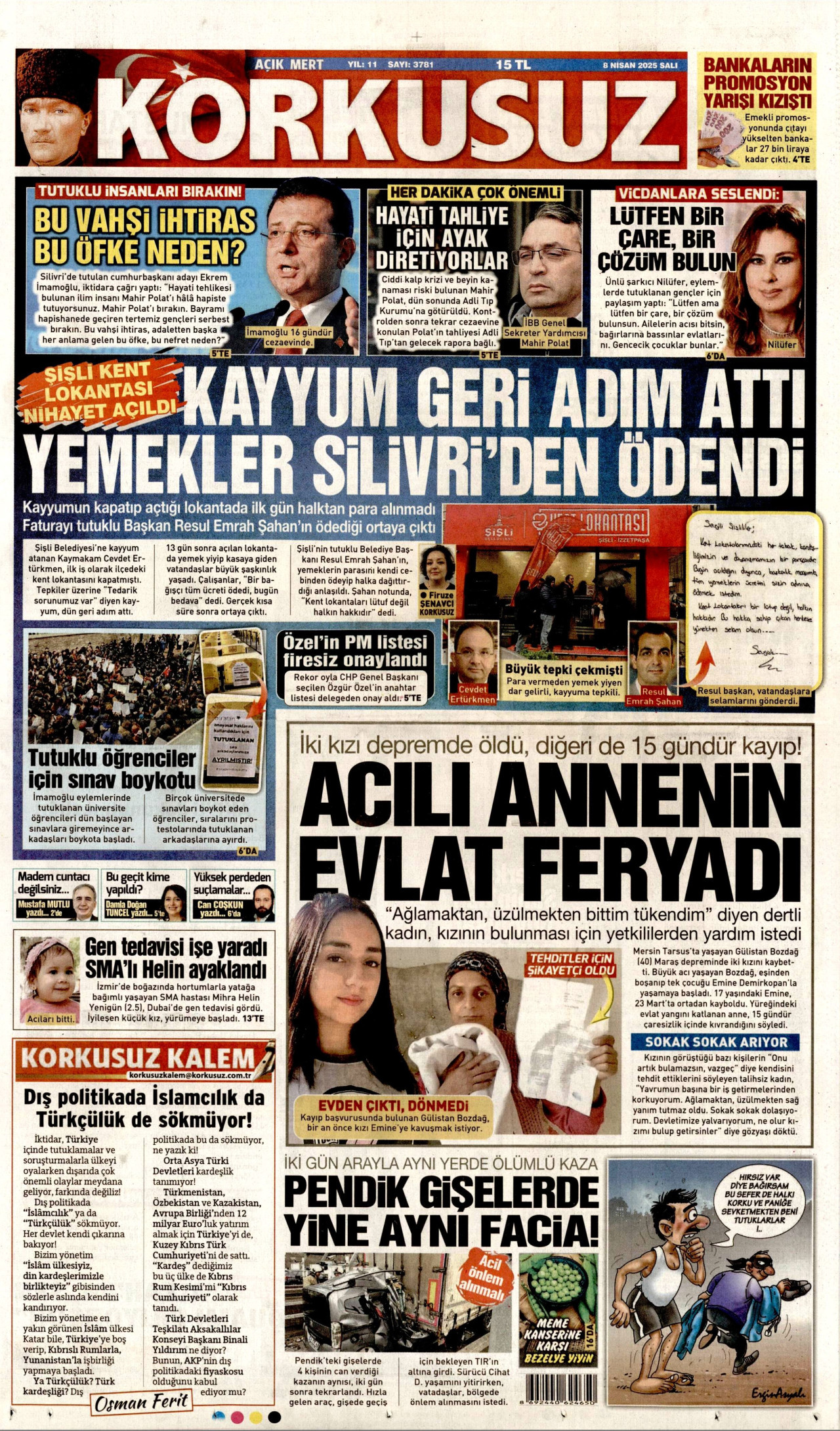 KORKUSUZ gazetesinin 8 Nisan 2025 tarihli birinci sayfası