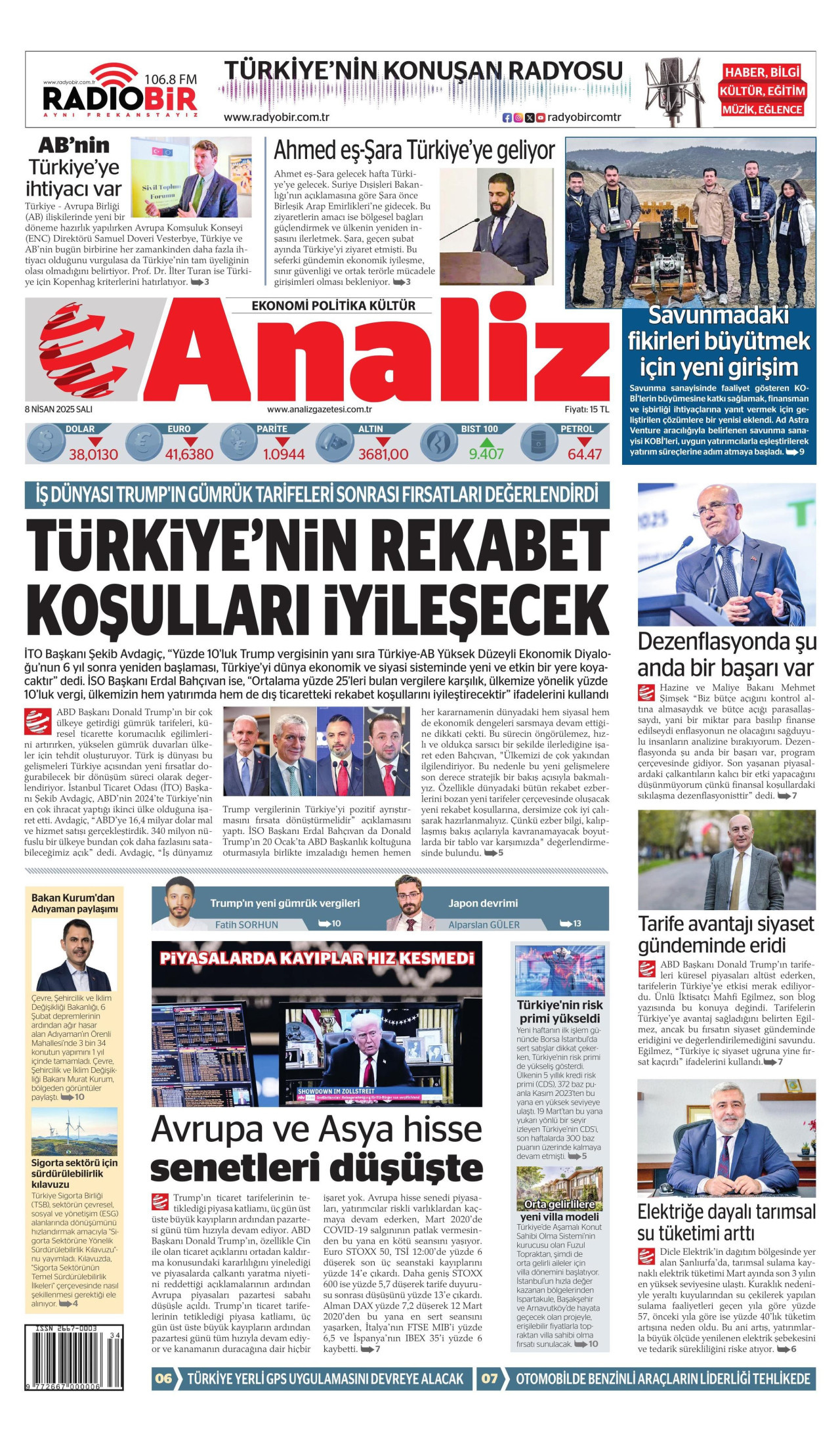 ANALİZ gazetesinin 8 Nisan 2025 tarihli birinci sayfası