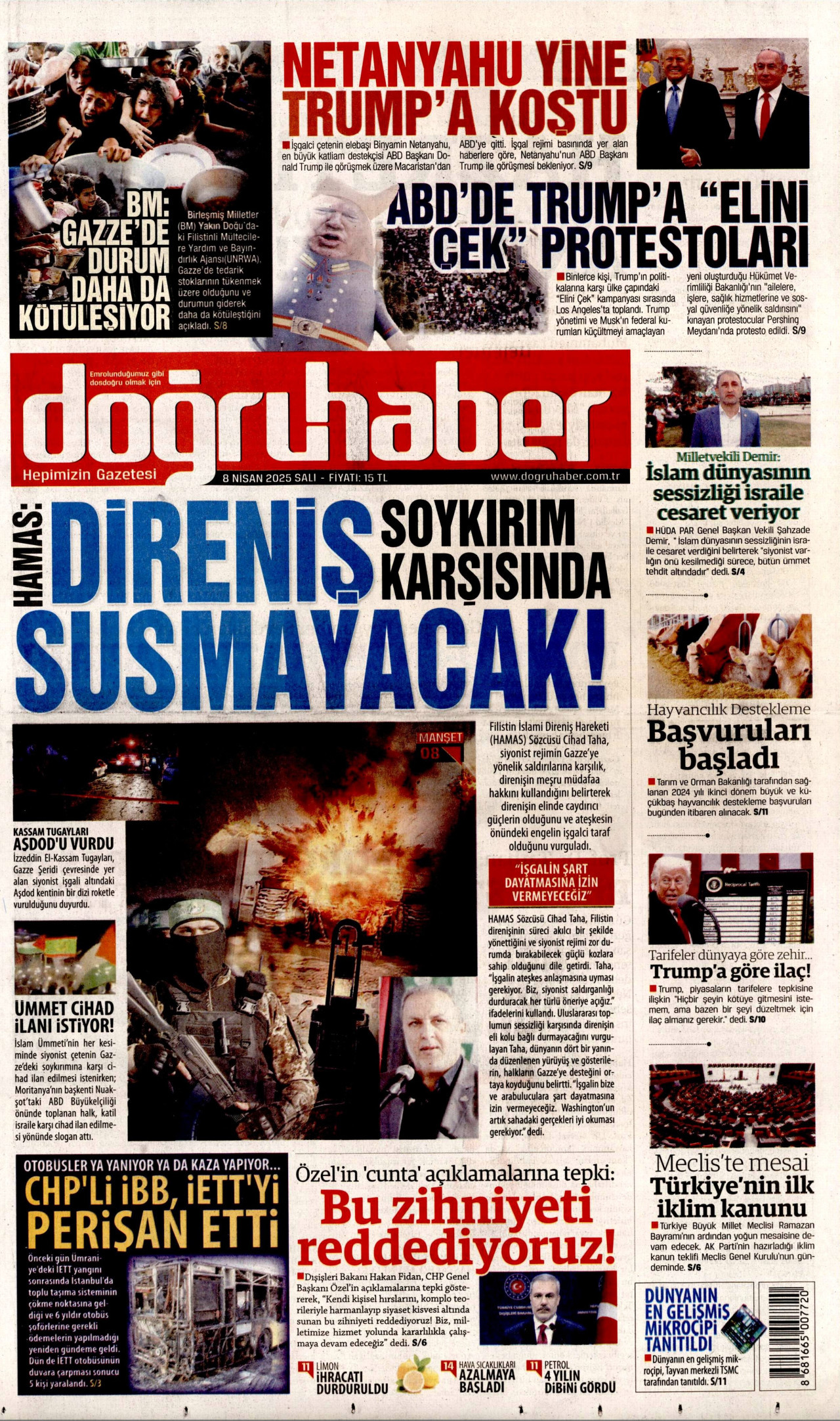 DOĞRU HABER gazetesinin 8 Nisan 2025 tarihli birinci sayfası