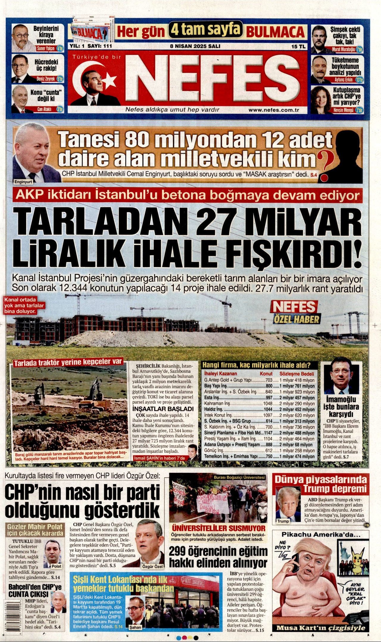 NEFES gazetesinin 8 Nisan 2025 tarihli birinci sayfası