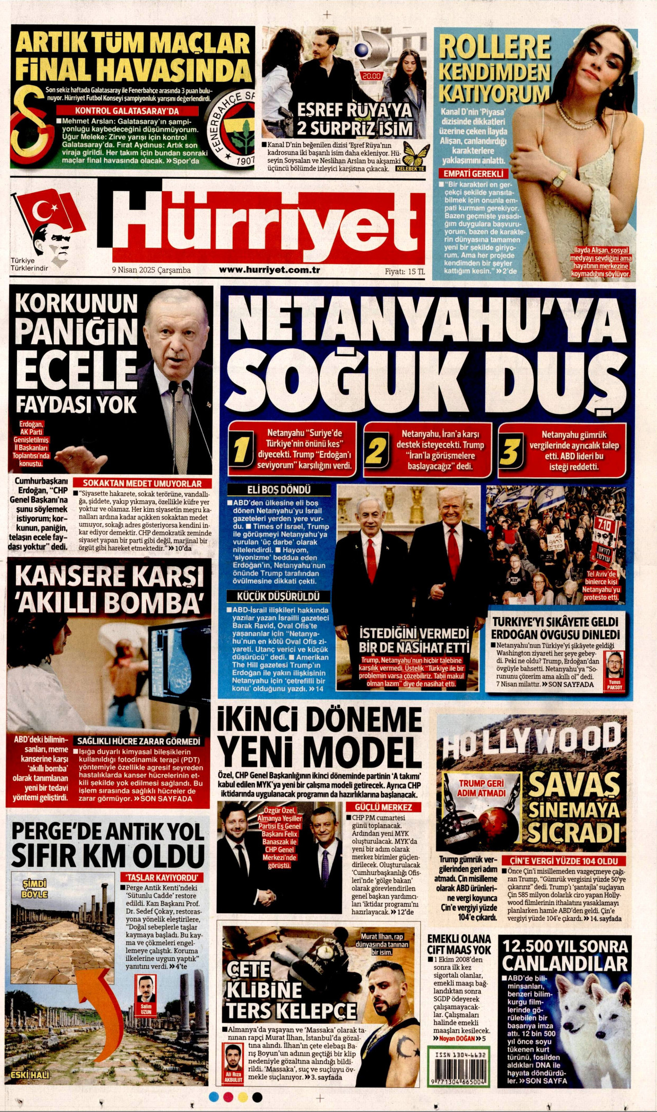 HÜRRİYET gazetesinin 9 Nisan 2025 tarihli birinci sayfası
