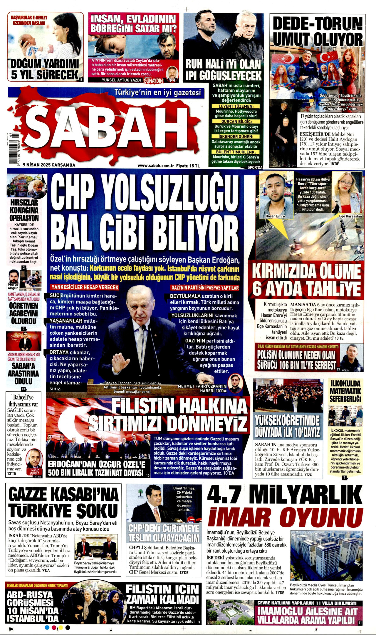SABAH gazetesinin 9 Nisan 2025 tarihli birinci sayfası