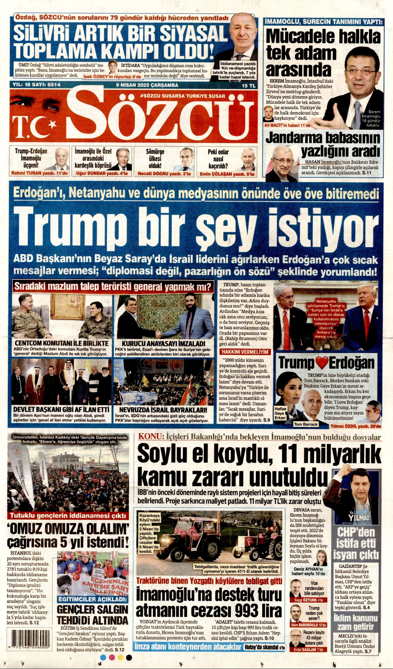 SÖZCÜ gazetesinin 9 Nisan 2025 tarihli birinci sayfası