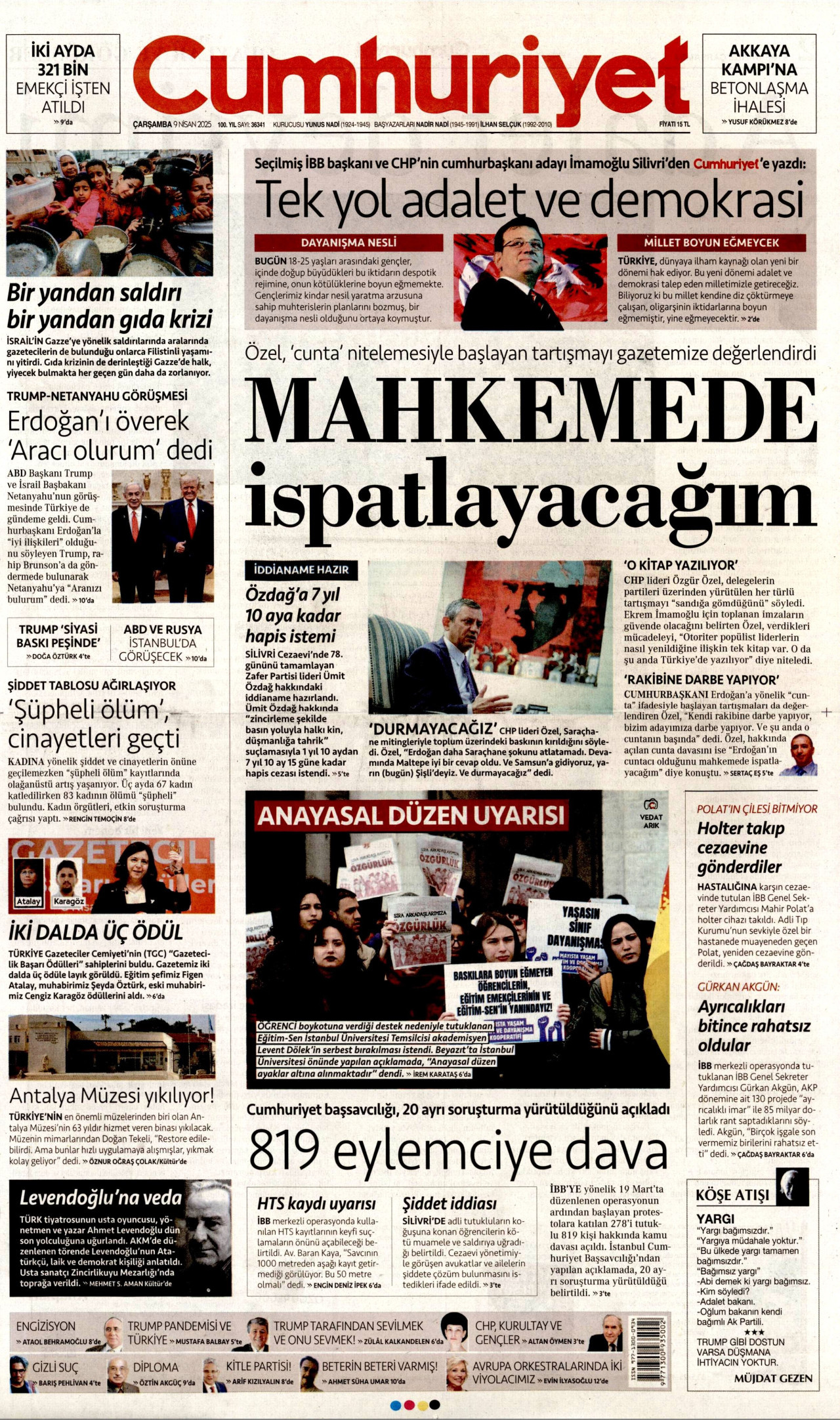 CUMHURİYET gazetesinin 9 Nisan 2025 tarihli birinci sayfası