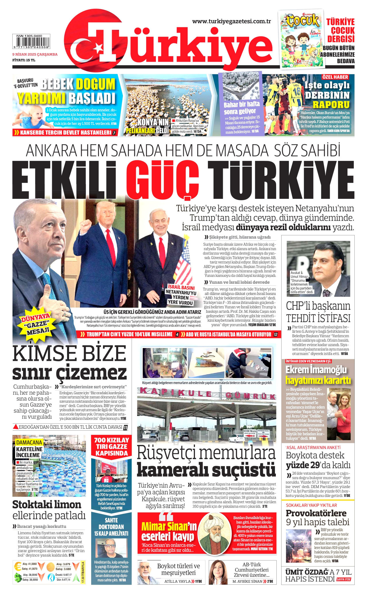TÜRKİYE GAZETESİ gazetesinin 9 Nisan 2025 tarihli birinci sayfası