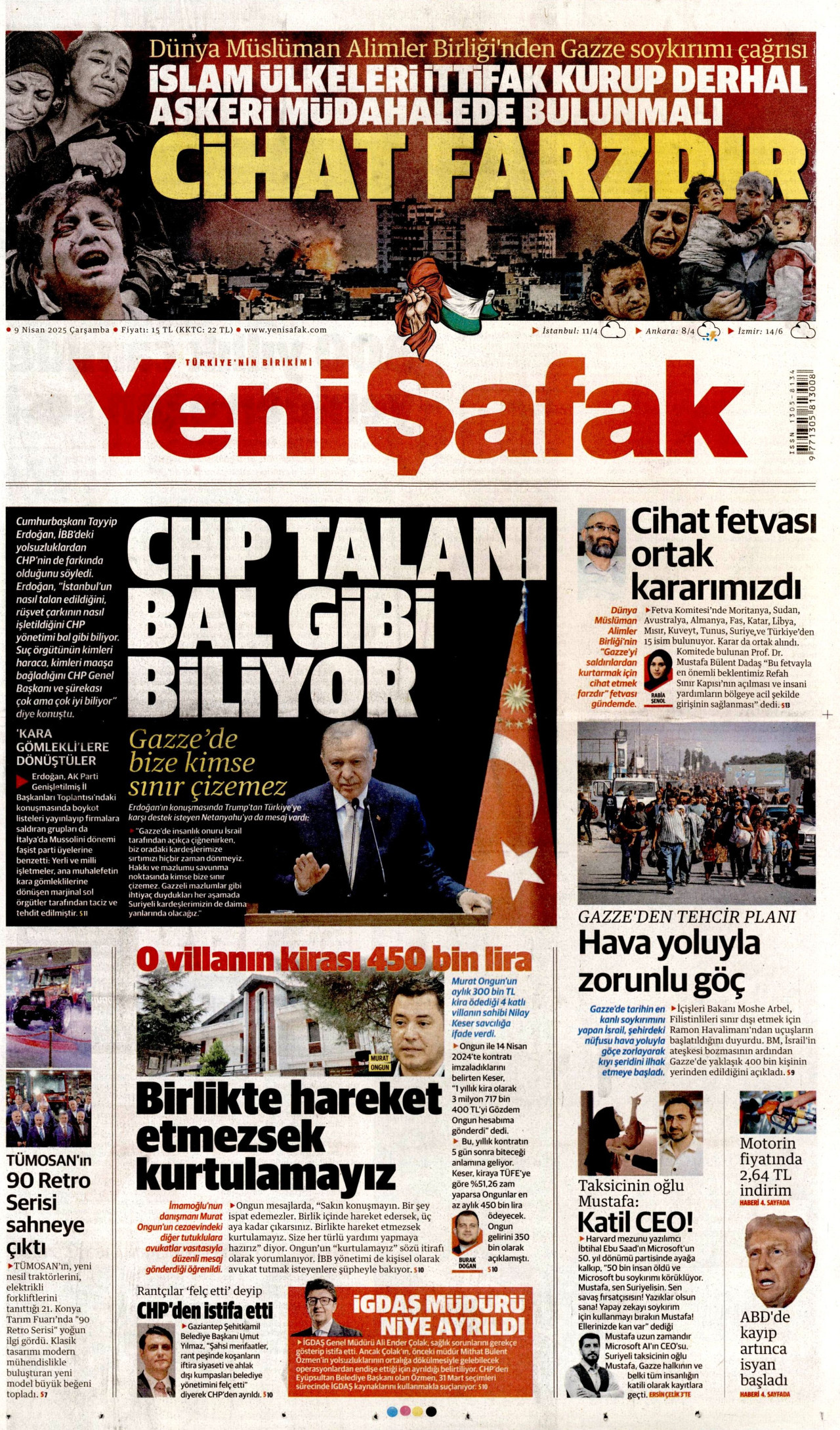 YENİ ŞAFAK gazetesinin 9 Nisan 2025 tarihli birinci sayfası