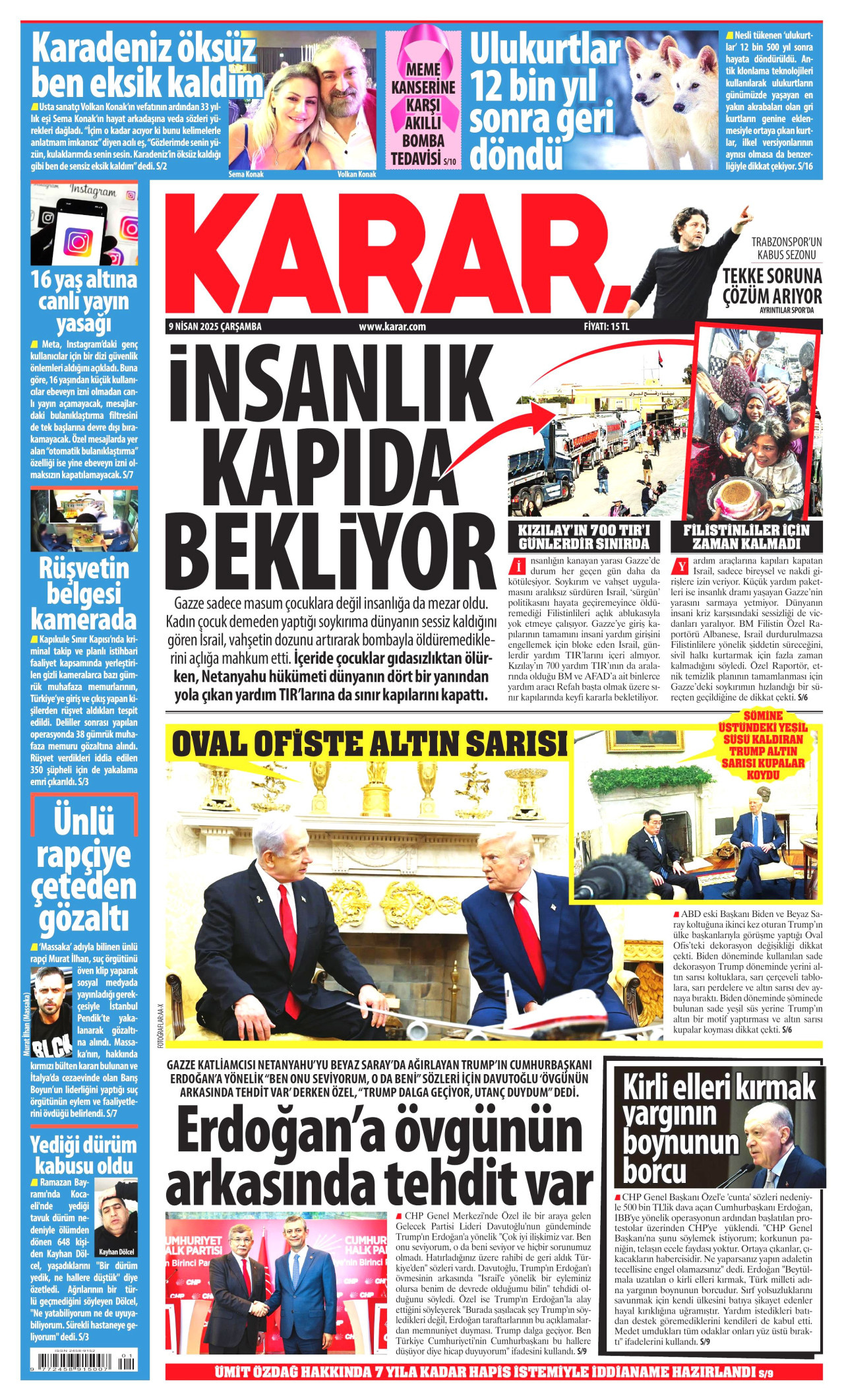 KARAR gazetesinin 9 Nisan 2025 tarihli birinci sayfası