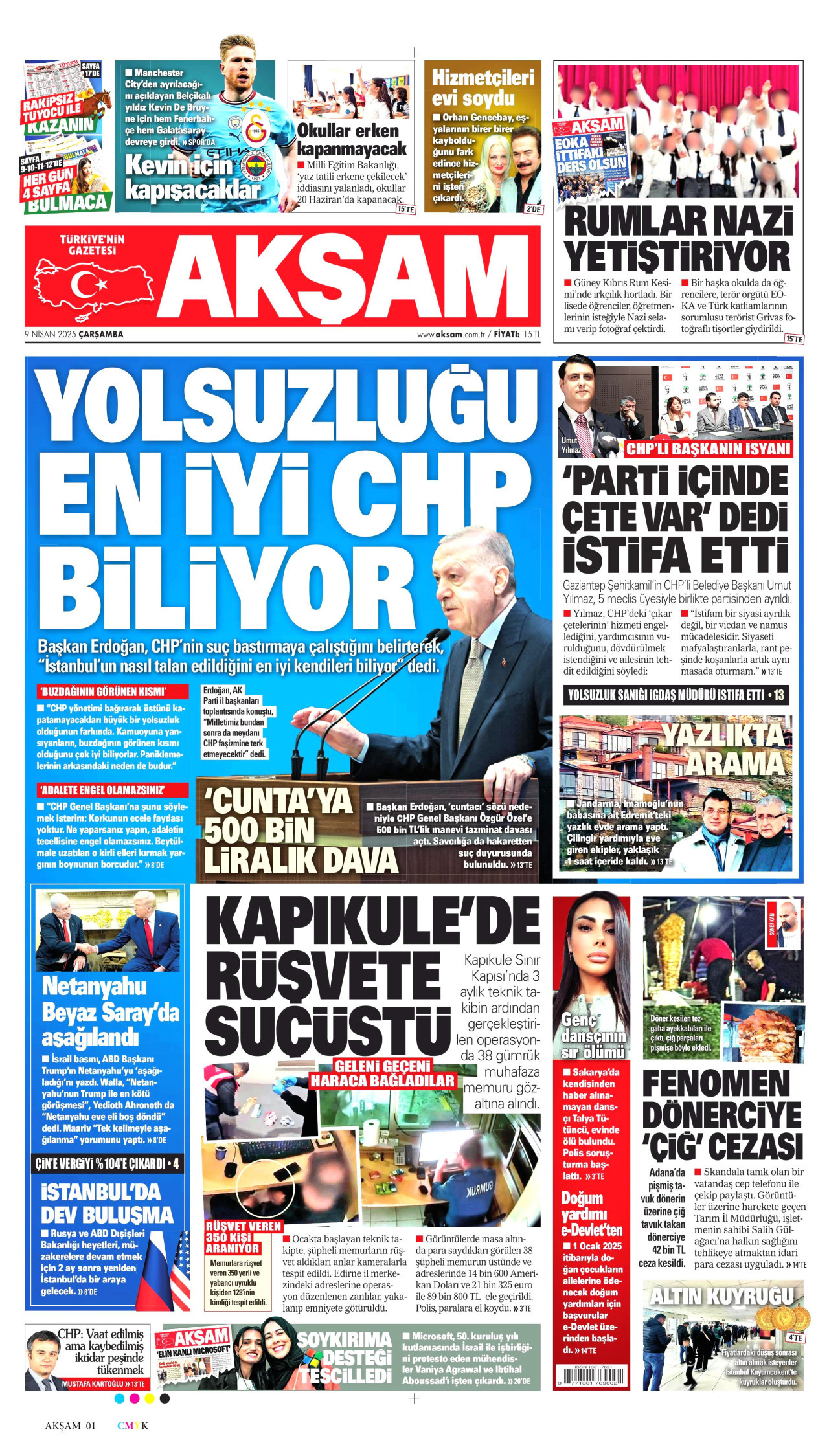 AKŞAM gazetesinin 9 Nisan 2025 tarihli birinci sayfası