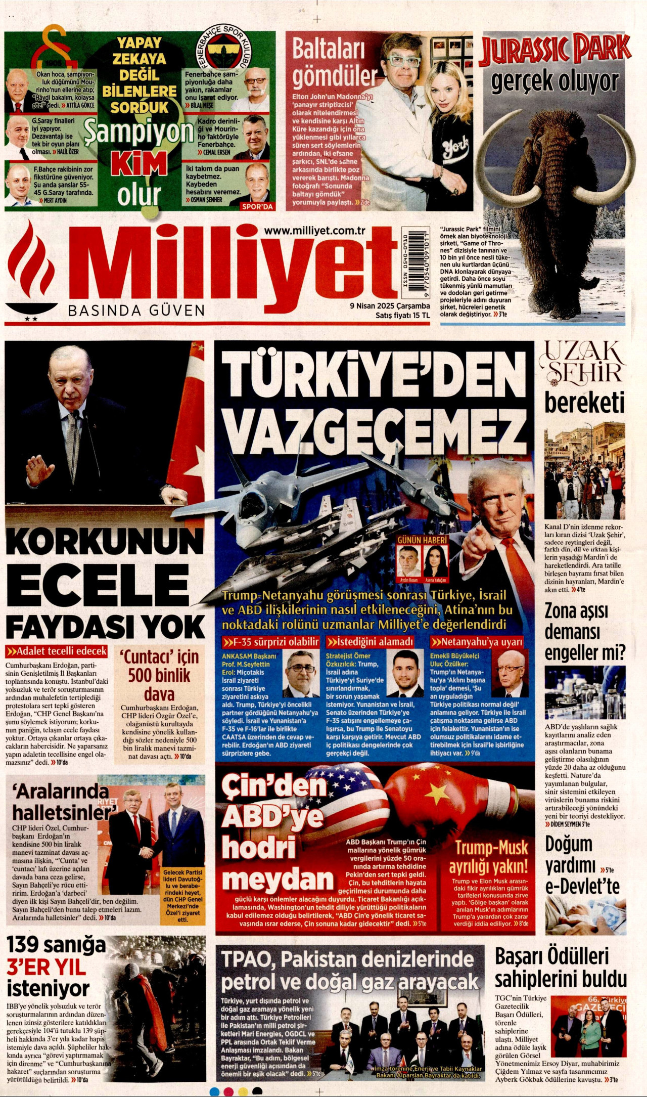 MİLLİYET gazetesinin 9 Nisan 2025 tarihli birinci sayfası