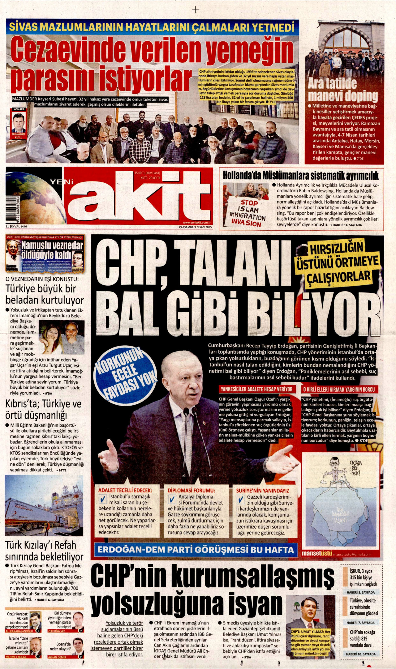 YENİ AKİT gazetesinin 9 Nisan 2025 tarihli birinci sayfası