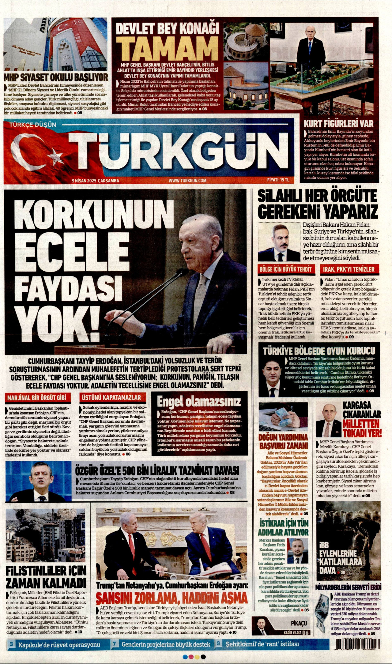 TÜRKGÜN gazetesinin 9 Nisan 2025 tarihli birinci sayfası