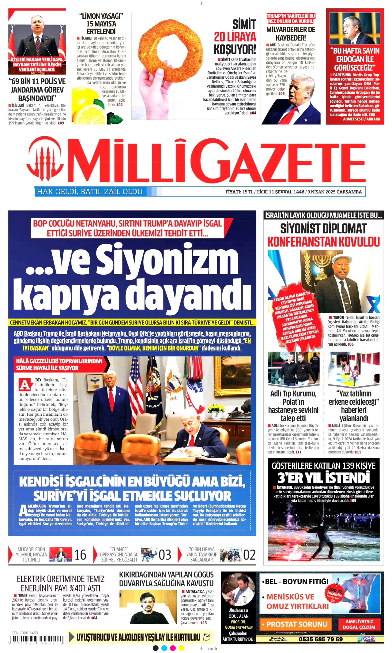 MİLLİ GAZETE gazetesinin 9 Nisan 2025 tarihli birinci sayfası
