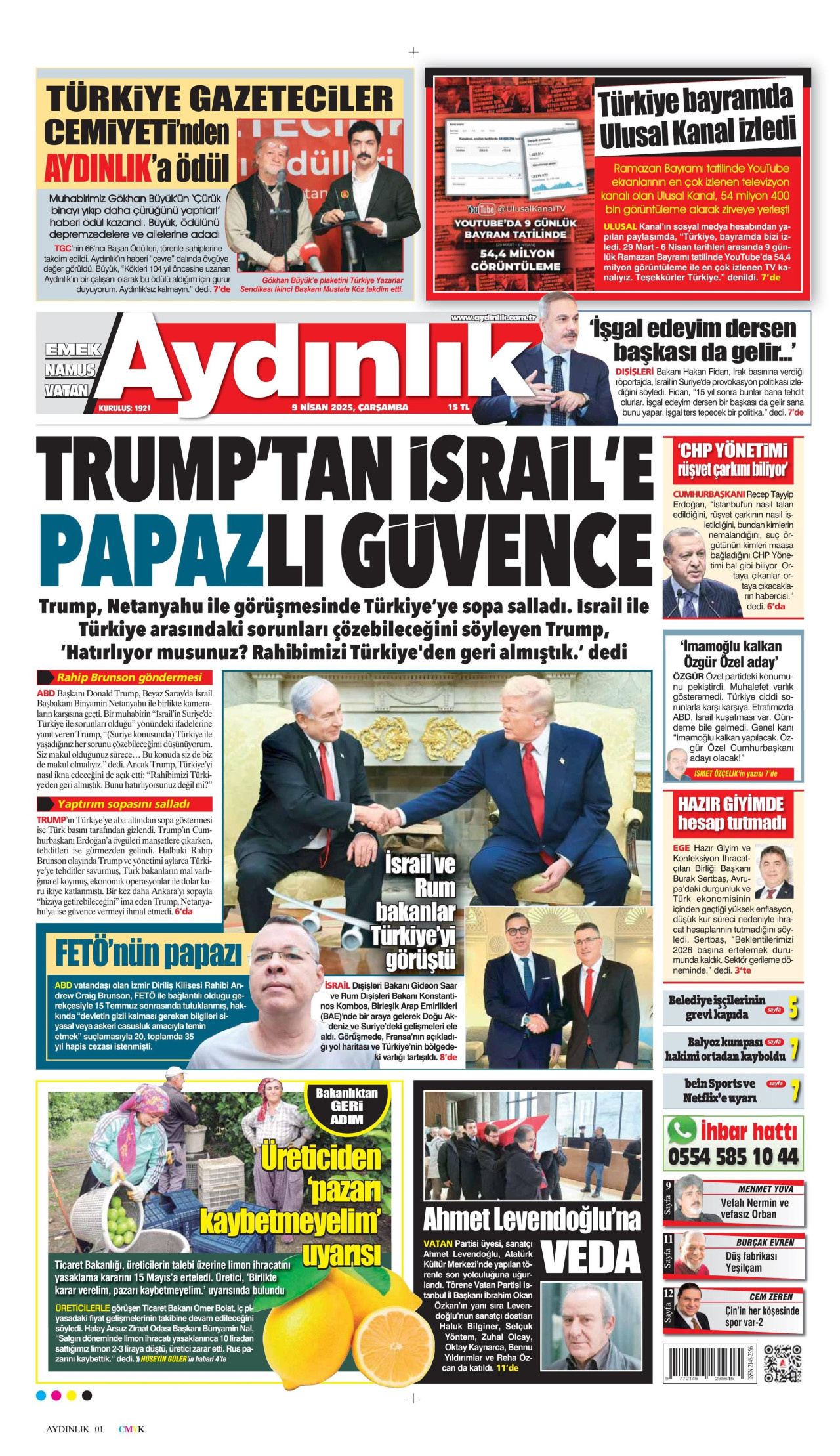 AYDINLIK GAZETESİ gazetesinin 9 Nisan 2025 tarihli birinci sayfası