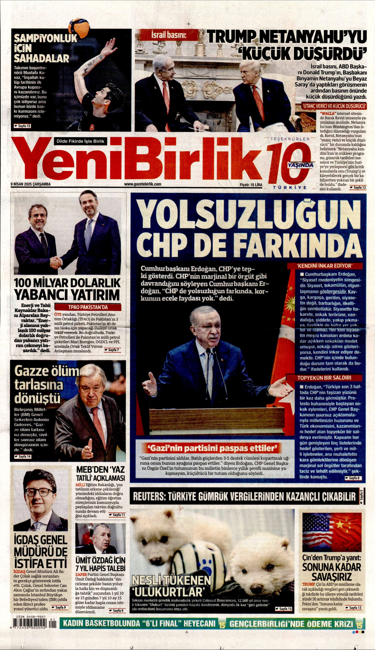 YENİBİRLİK gazetesinin 9 Nisan 2025 tarihli birinci sayfası