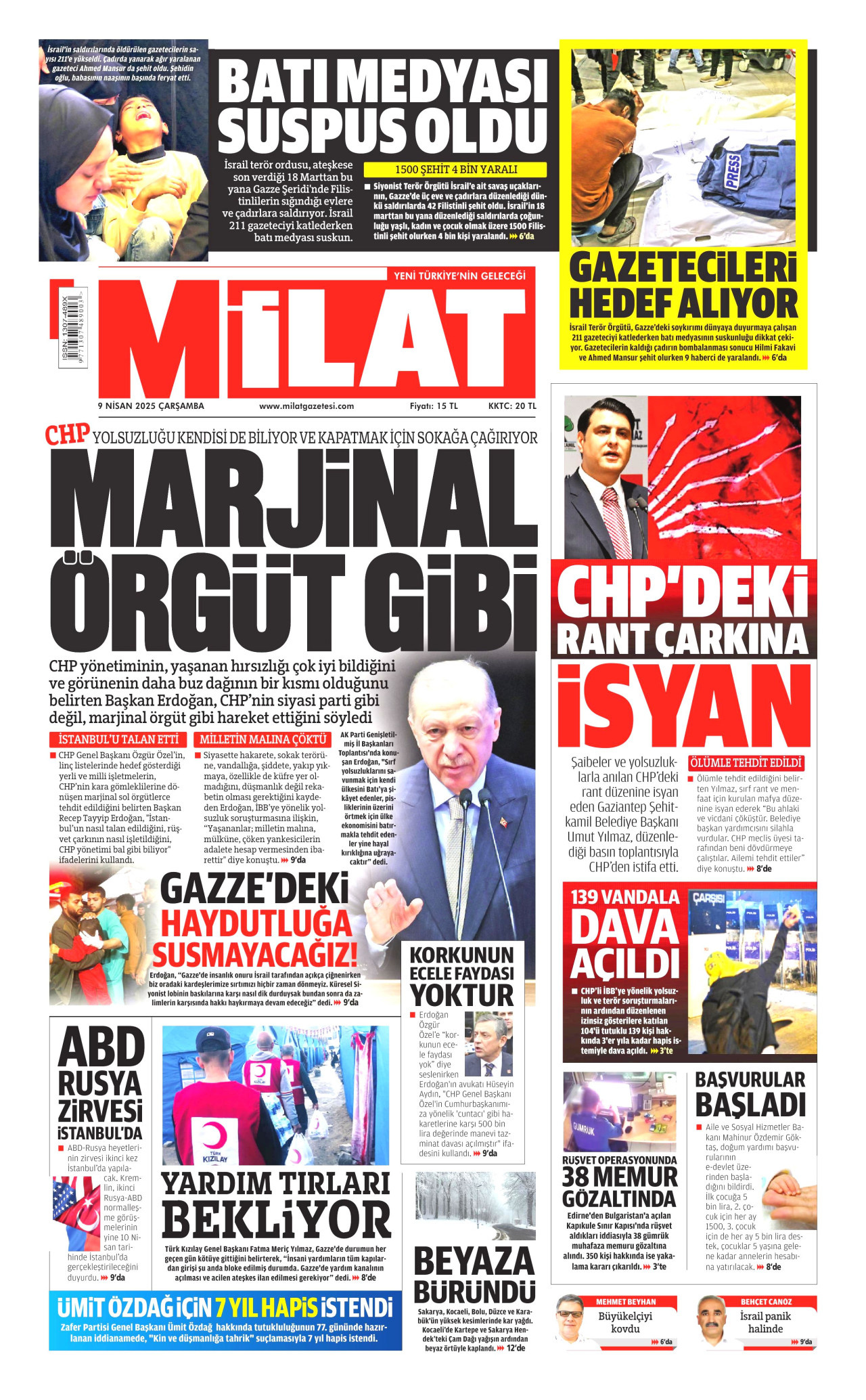 MİLAT gazetesinin 9 Nisan 2025 tarihli birinci sayfası