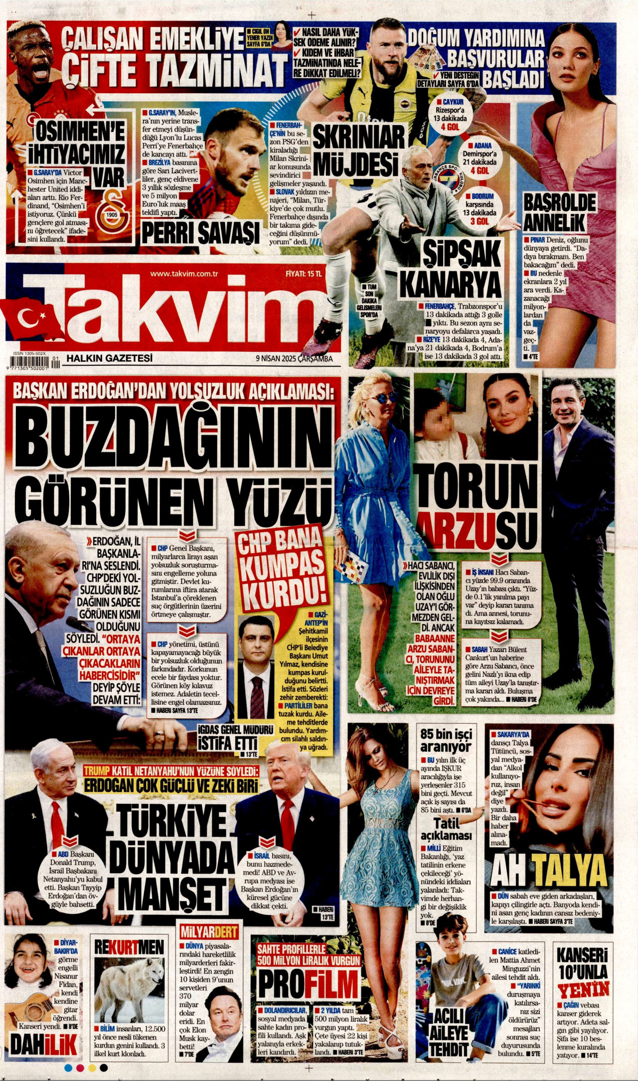 TAKVİM gazetesinin 9 Nisan 2025 tarihli birinci sayfası