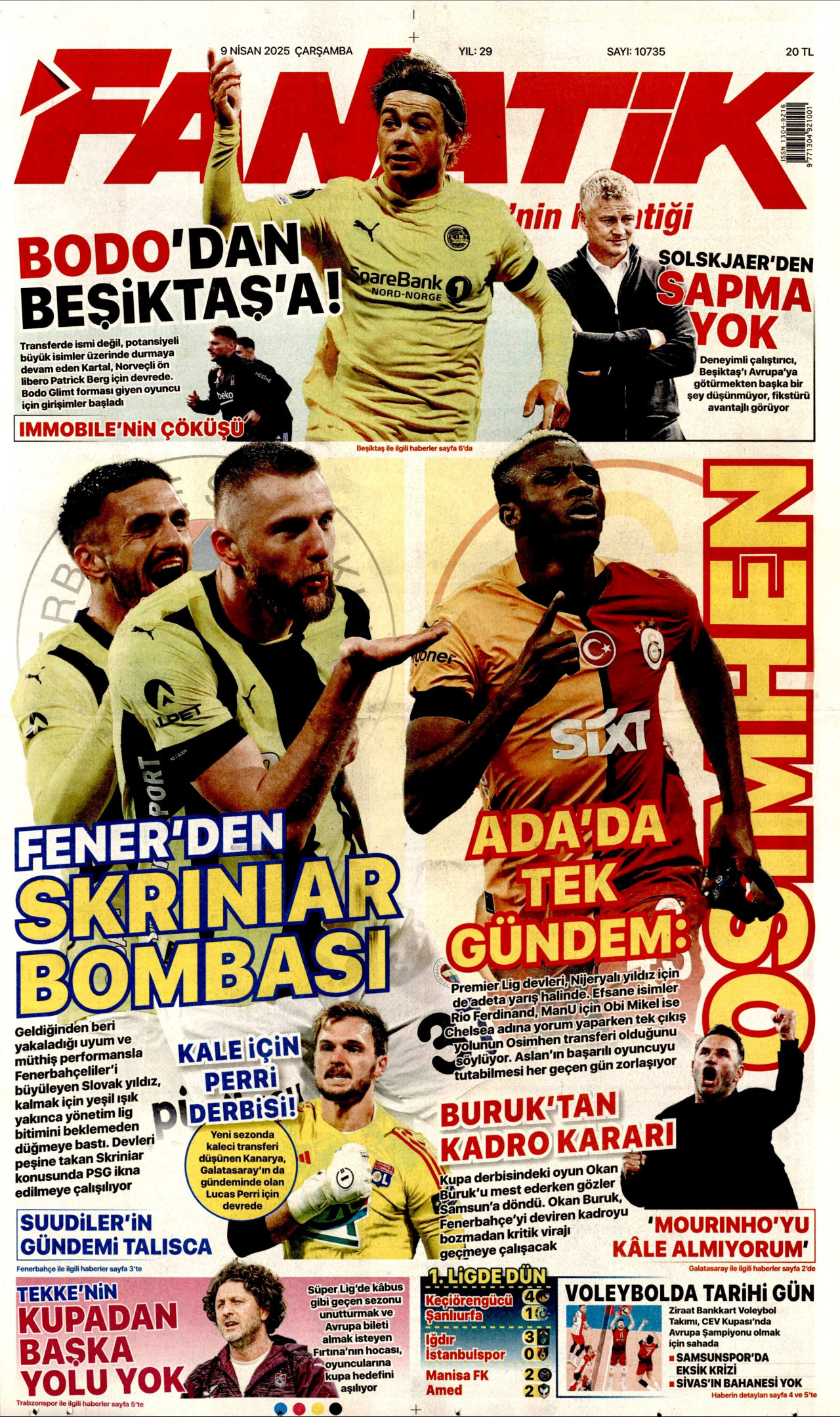FANATİK gazetesinin 9 Nisan 2025 tarihli birinci sayfası