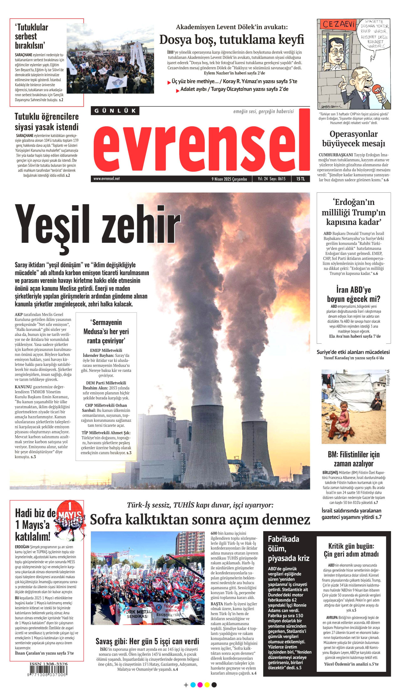 EVRENSEL gazetesinin 9 Nisan 2025 tarihli birinci sayfası